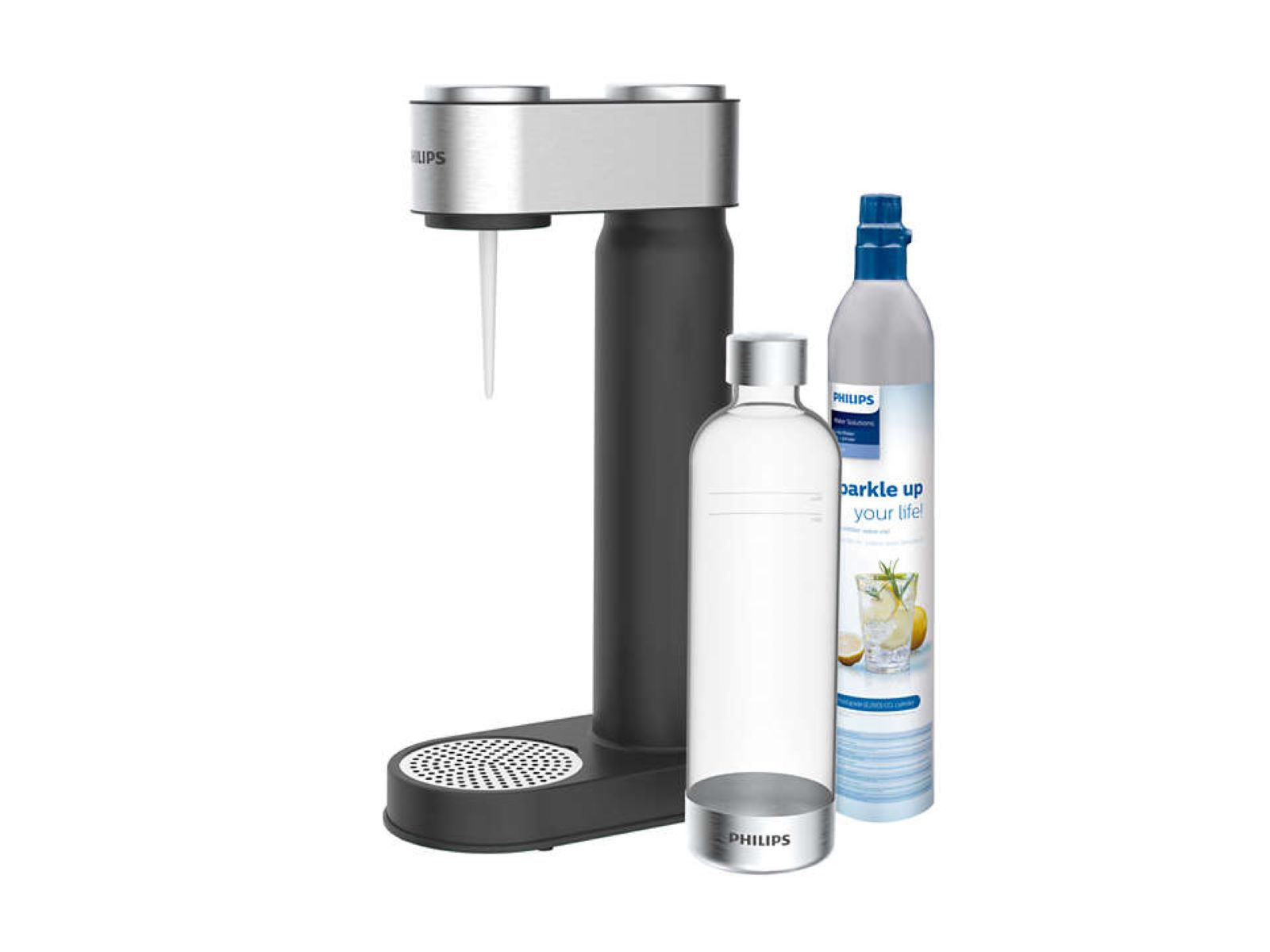 Sodamaschine mit Wasserflasche, leerer Flasche und CO2-Zylinder.