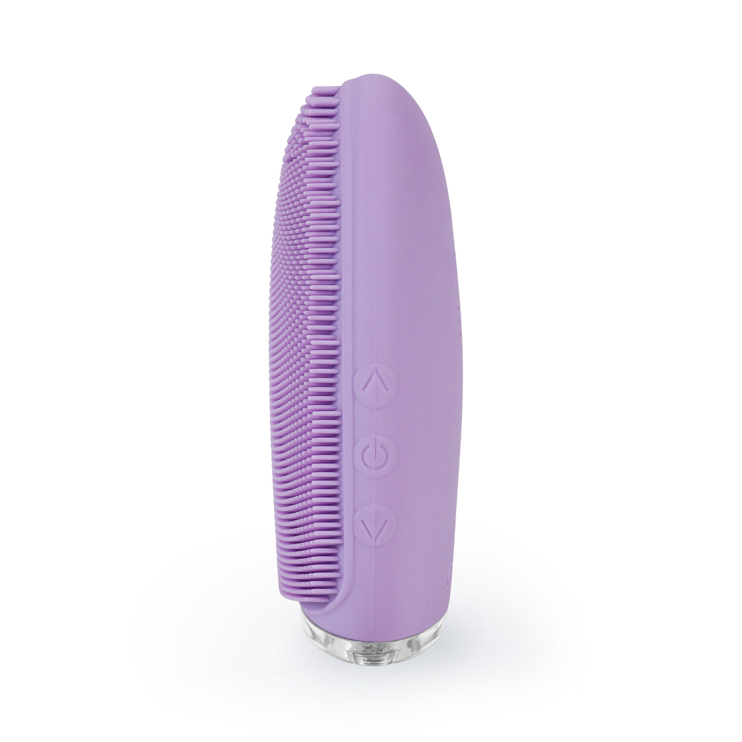 Ein violettes Gesichtsreinigungsgerät mit einer Silikonborstenoberfläche und Bedienelementen.
