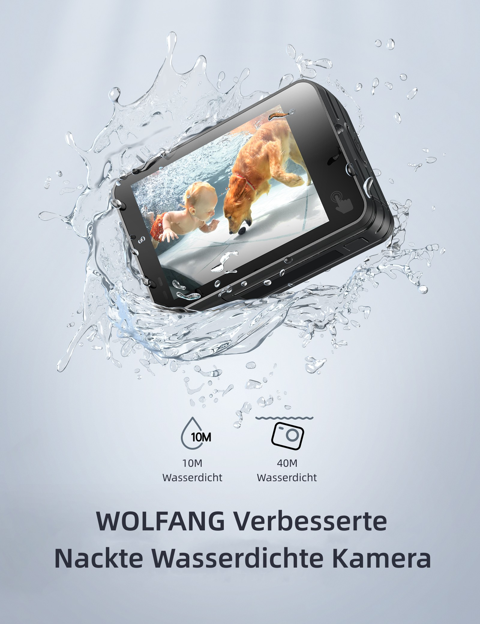Wasserdichte Kamera mit Bildschirm, der ein Baby und einen Hund im Wasser zeigt.