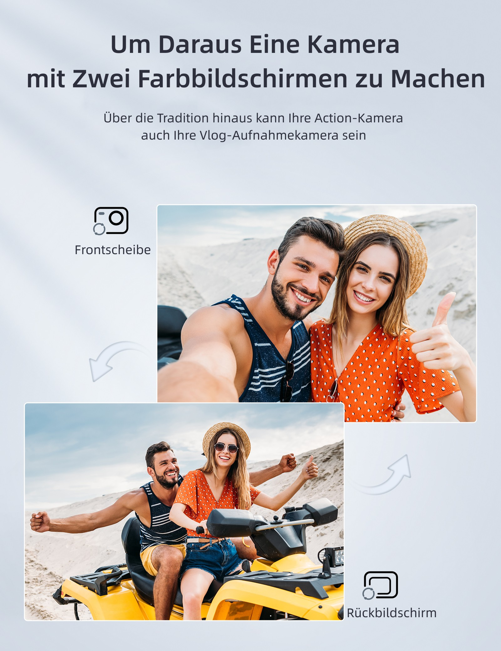 Paar am Strand, lächelnd und auf einem Quad, für Kamera-Werbung.