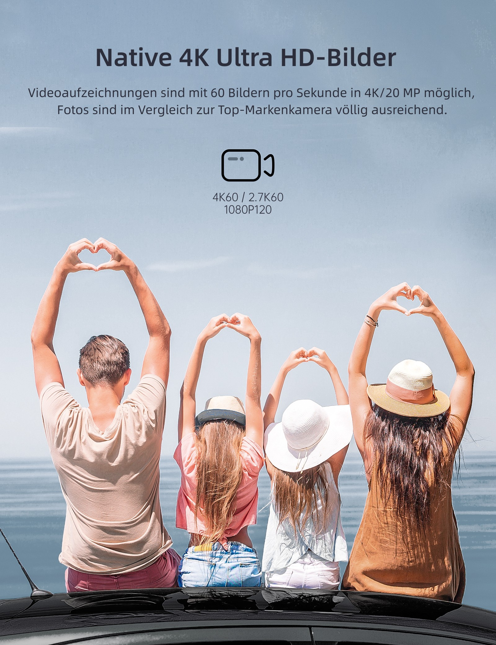 Vier Personen formen Herzformen mit ihren Händen vor blauem Himmel, Produktwerbung.