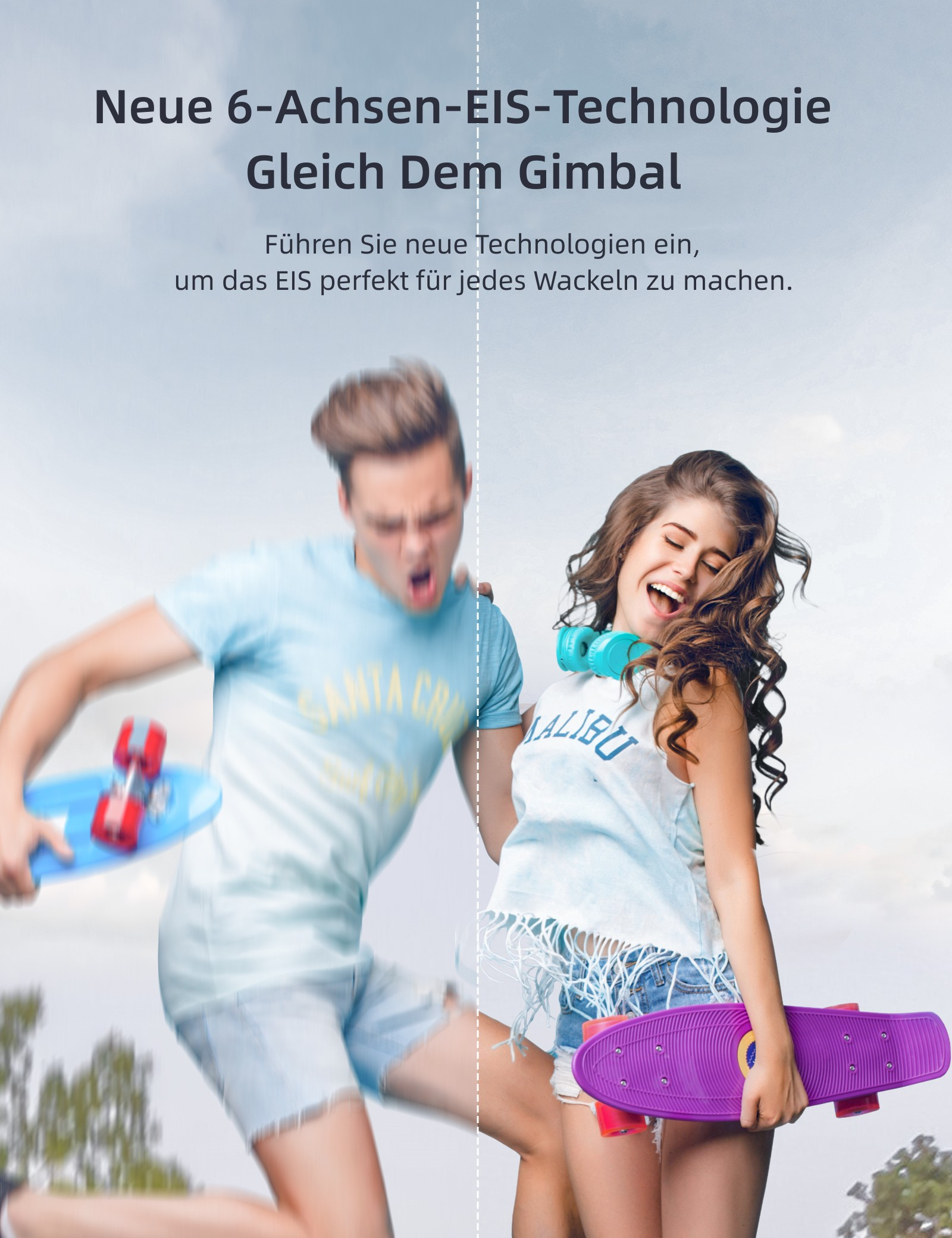 Junger Mann und Frau skaten mit Skateboards.