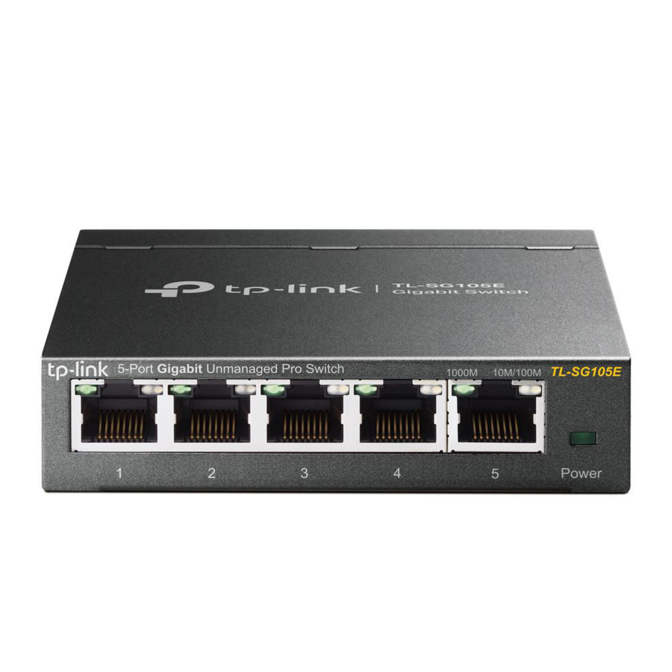 Ein schwarzer Netzwerk-Switch mit fünf Anschlüssen, dem tp-link-Logo und Power- und Aktivitäts-LEDs.
