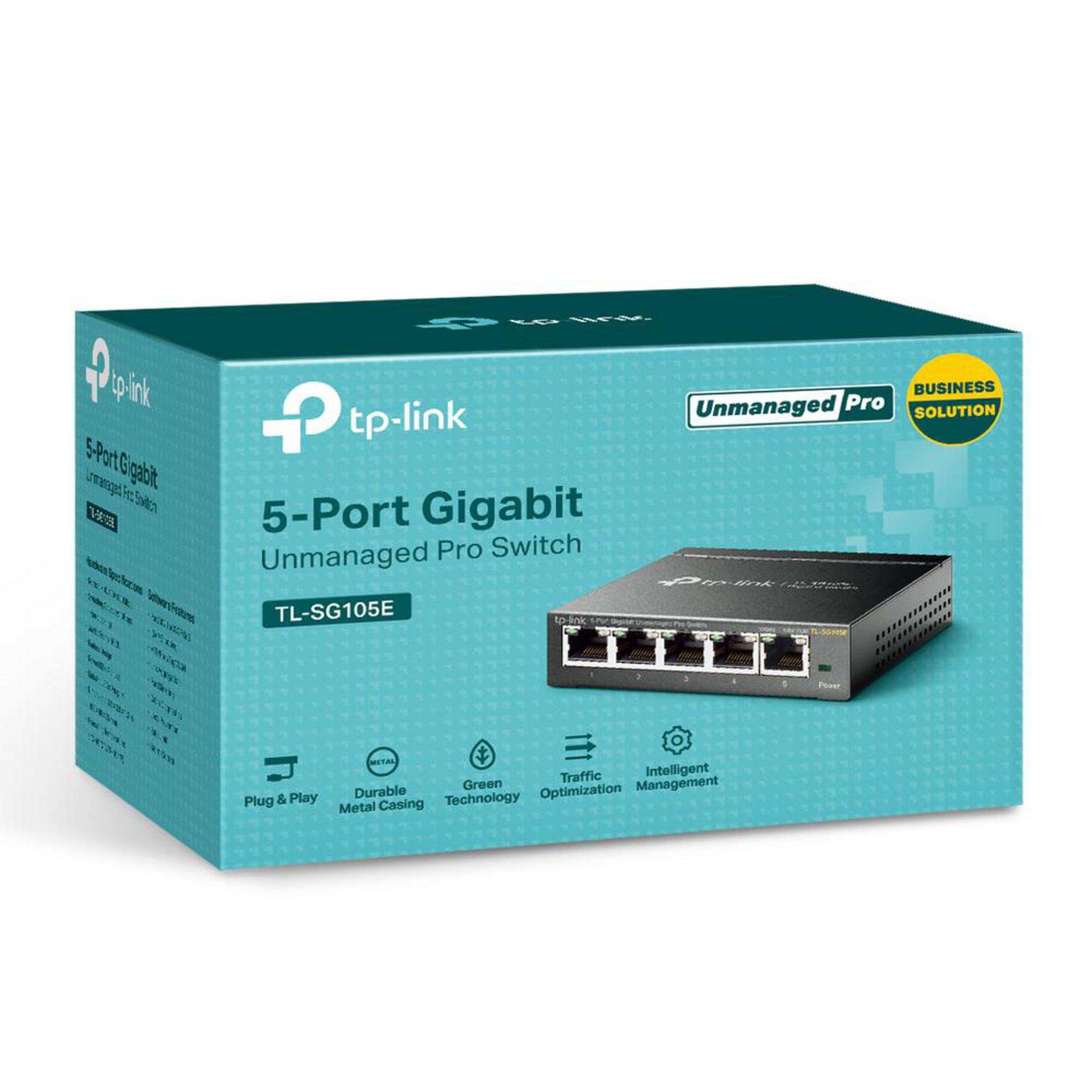Eine blaue Box mit tp-link Logo, einem 5-Port Gigabit Switch und Textbeschreibung.