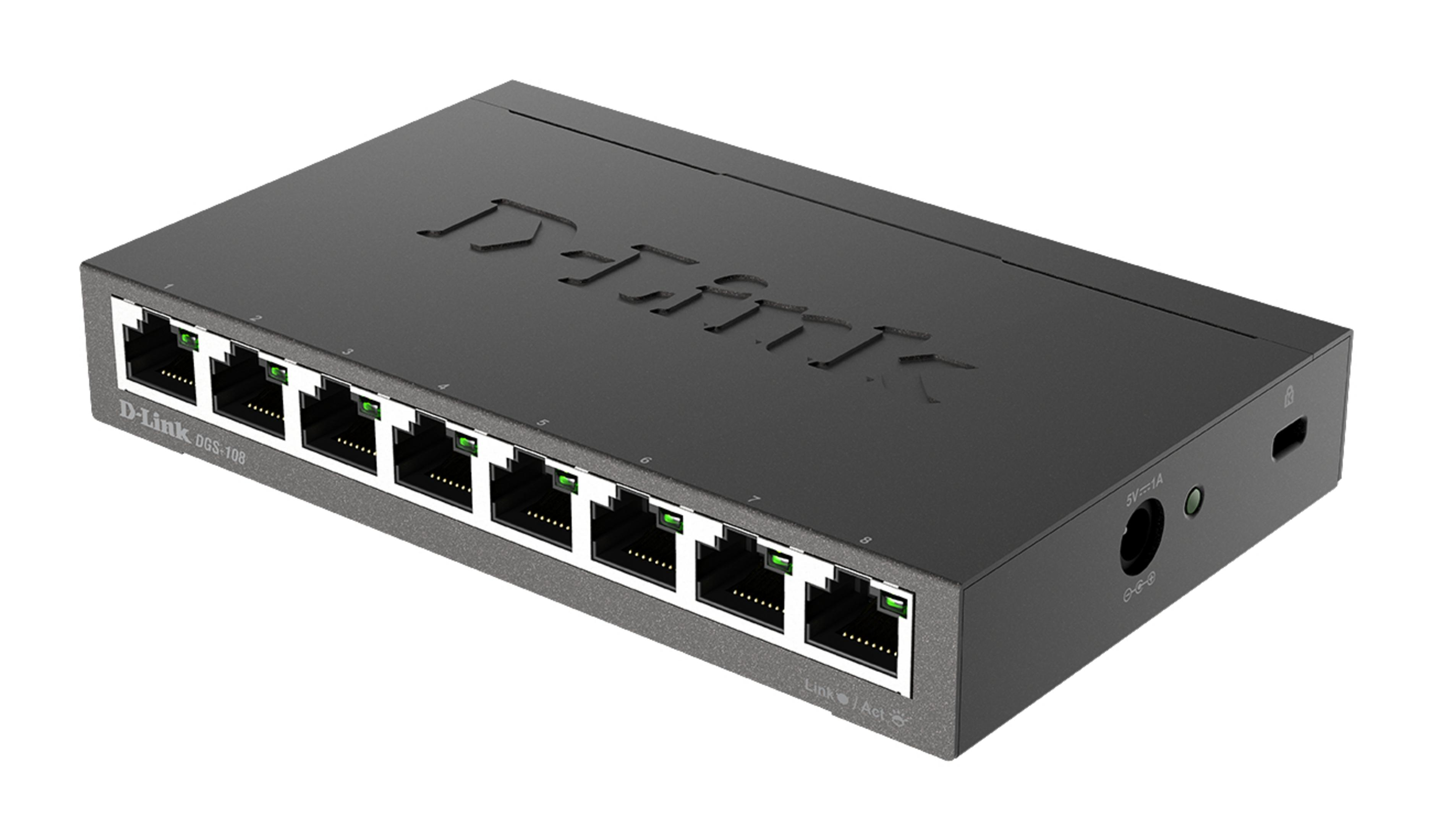 Een grijze D-Link netwerkswitch met acht poorten. Het D-Link logo is zichtbaar aan de bovenkant.