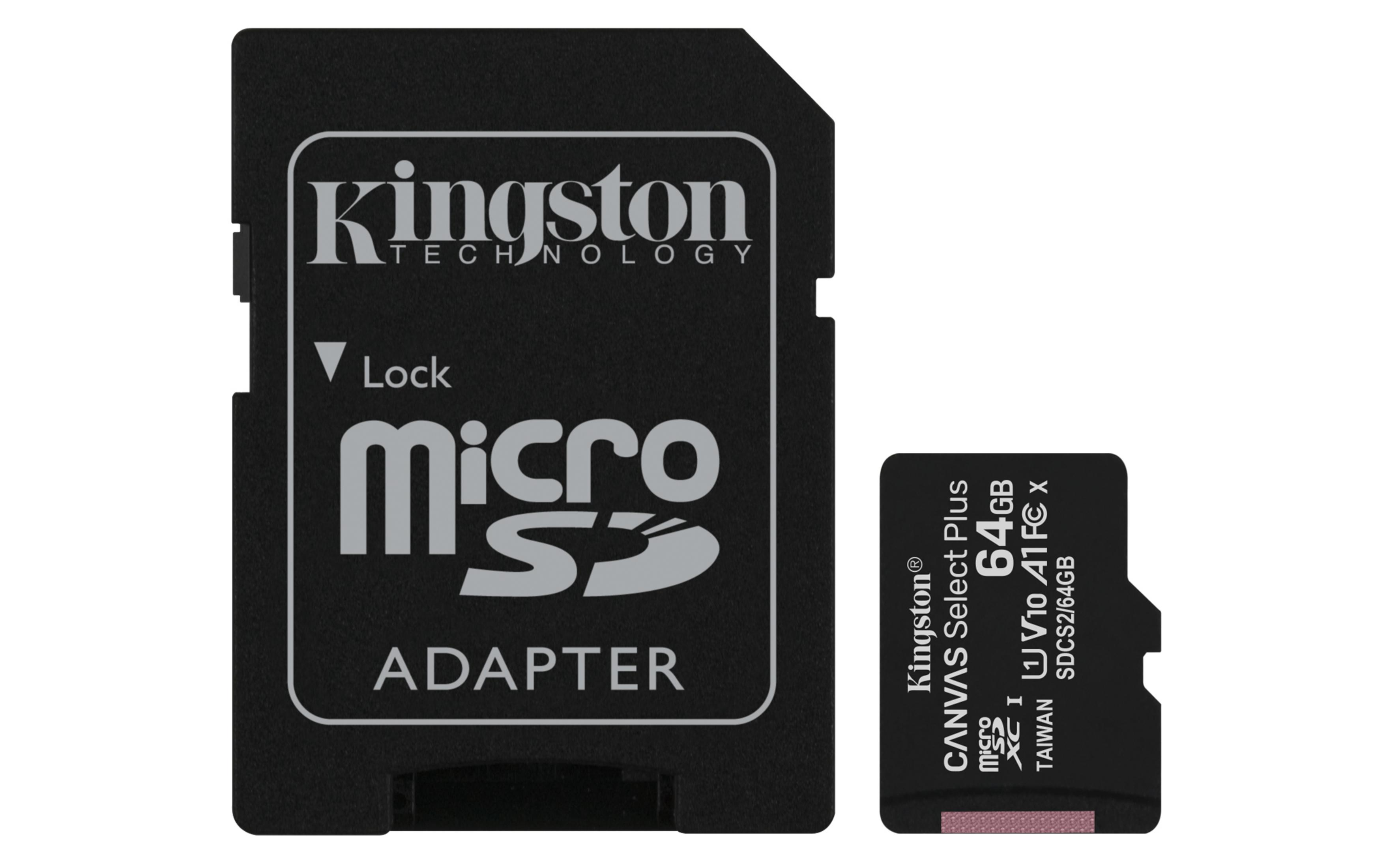 Schwarze Micro-SD-Karte mit Adapter. Kingston-Logo. Kleine SD-Karte rechts. Weißer Hintergrund.