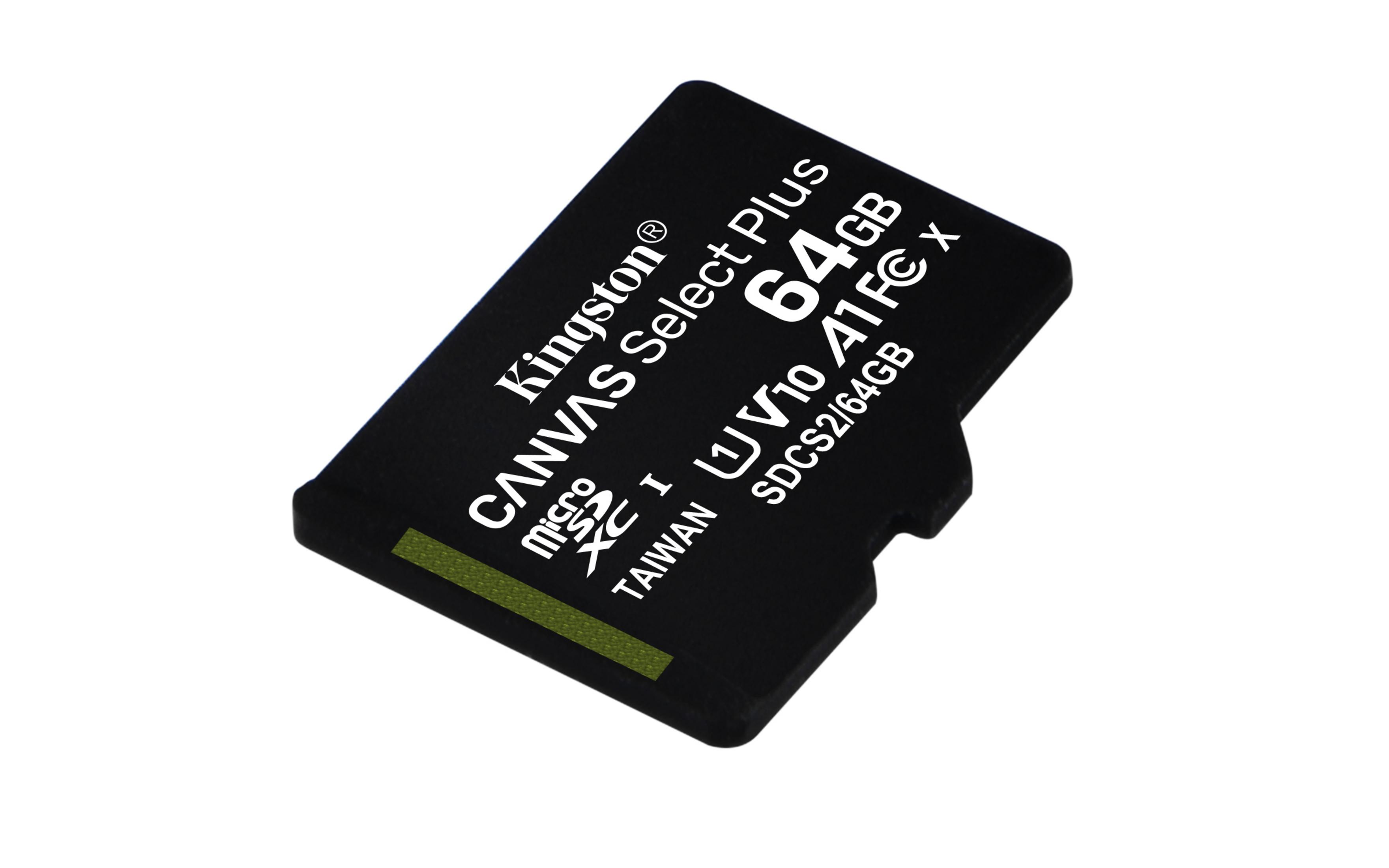 Eine schwarze Kingston 64GB MicroSD-Karte mit Etikett auf weißem Hintergrund.