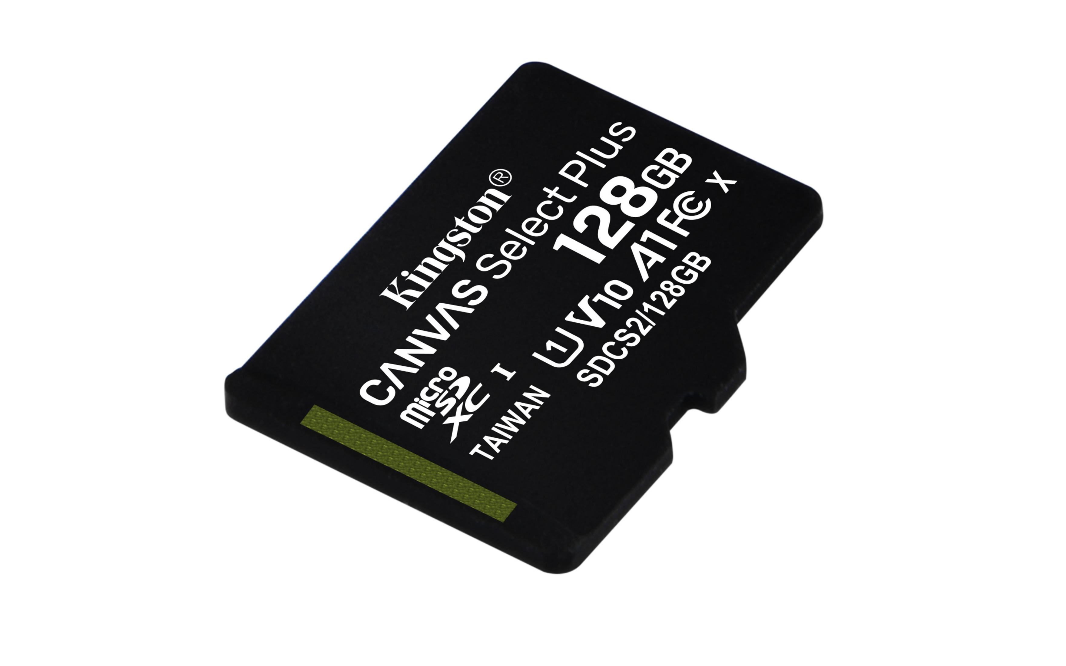 Carte Micro SD Kingston noire de 128 Go avec informations sur le produit.