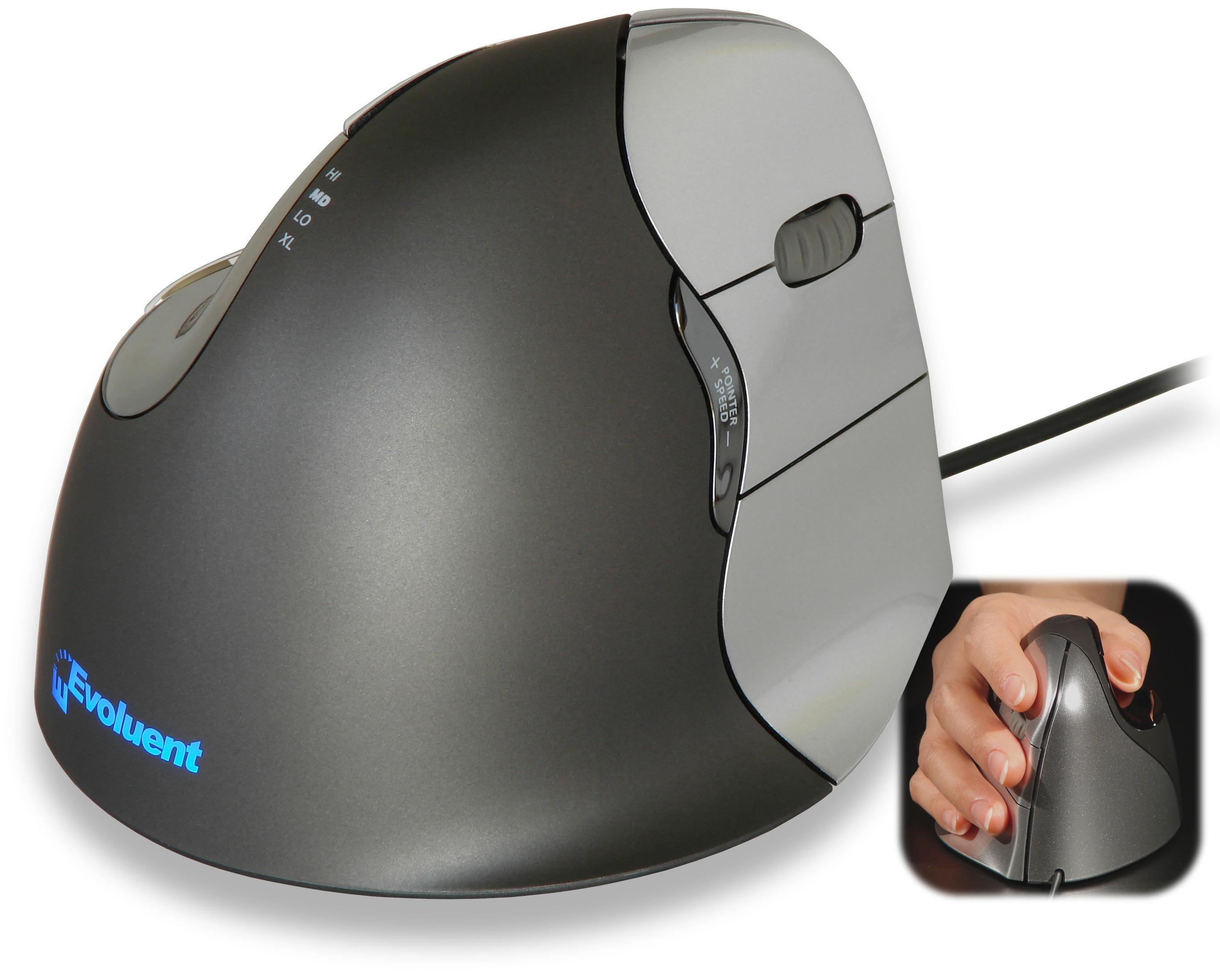 Ergonomische Computermaus in Dunkelgrau und Silber. Eine Hand hält eine ähnliche Maus.