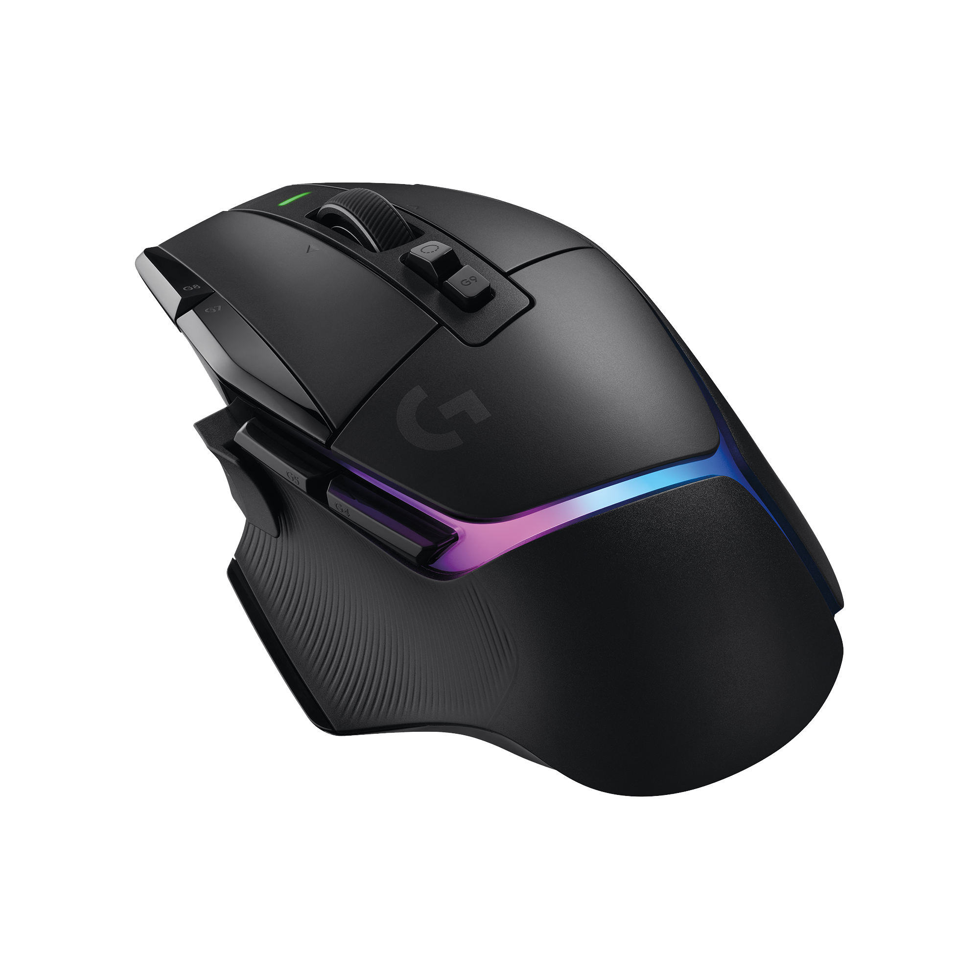 Czarna mysz do gier z wieloma przyciskami i kółkiem przewijania, czarne tło.