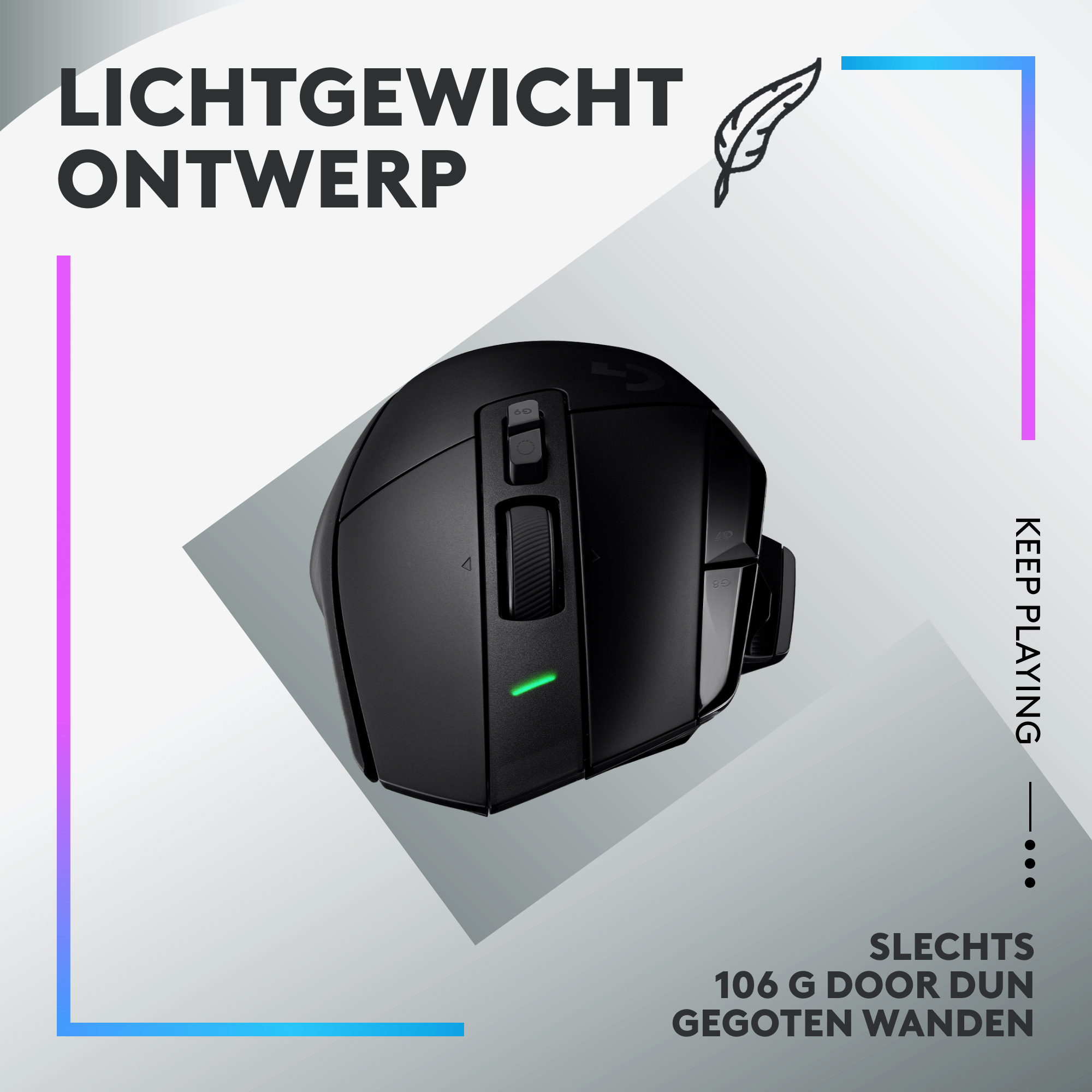 Czarna mysz do gier z tekstem: 'Lekka konstrukcja' i 'Graj dalej'.