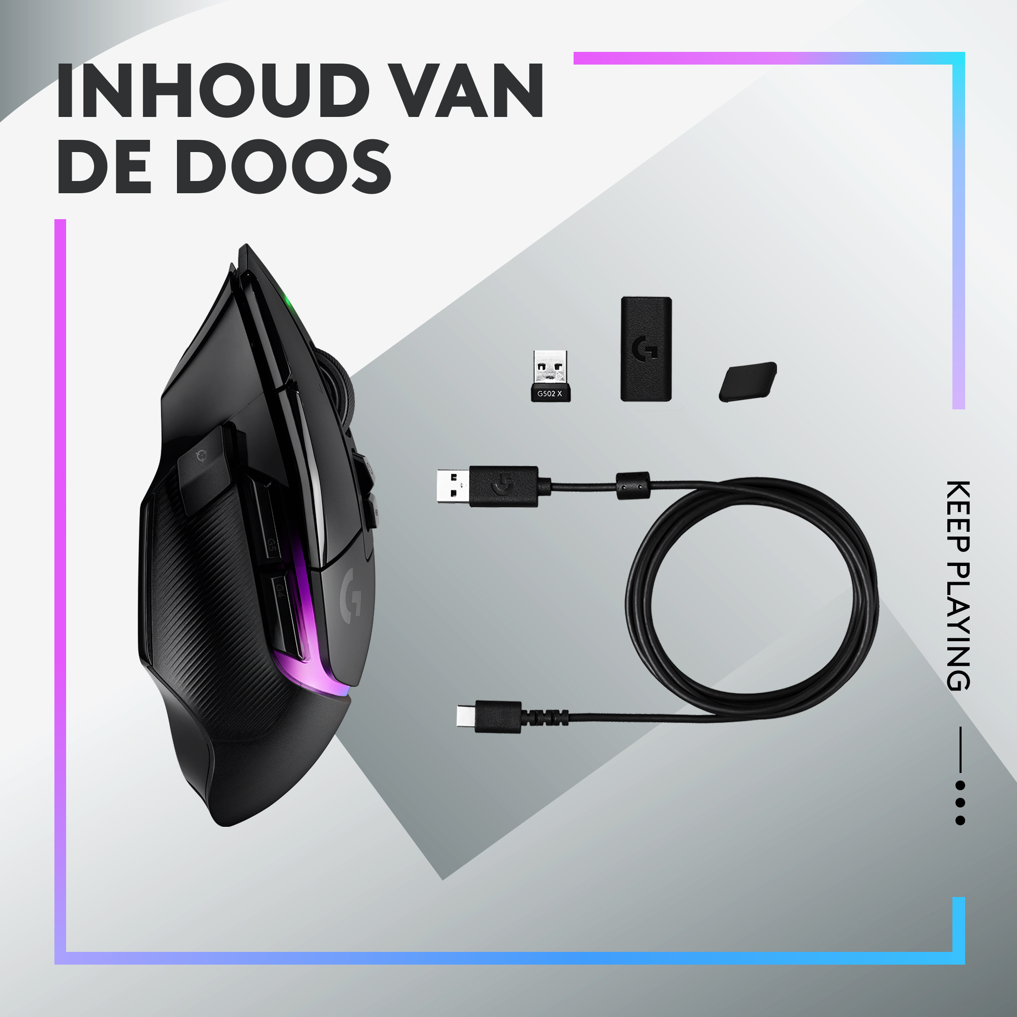 Zawartość pudełka: czarna mysz, klucz sprzętowy, kabel USB i kabel USB-C.