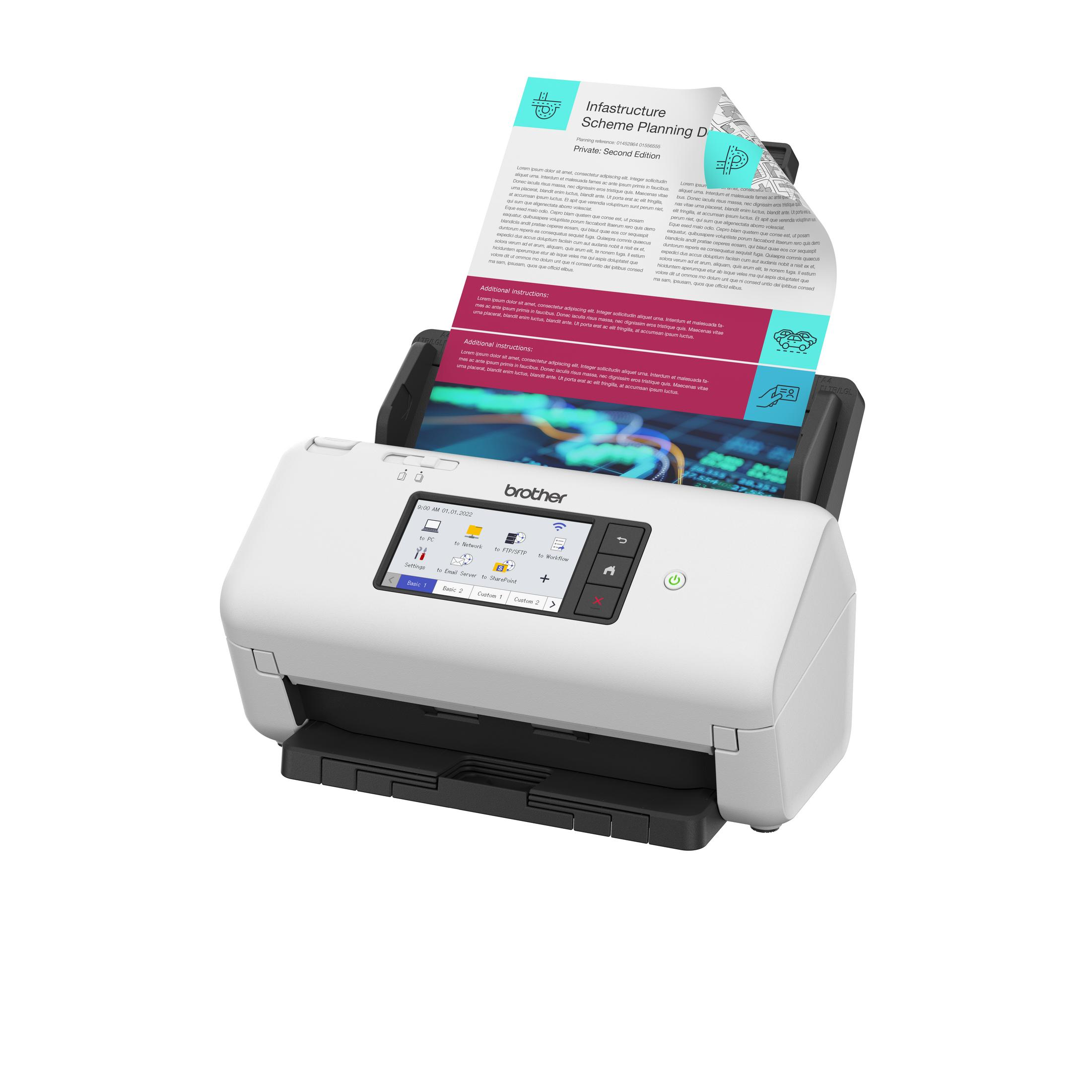 Biały skaner Brother, skanujący dokument, z ekranem i wyjściem papieru.