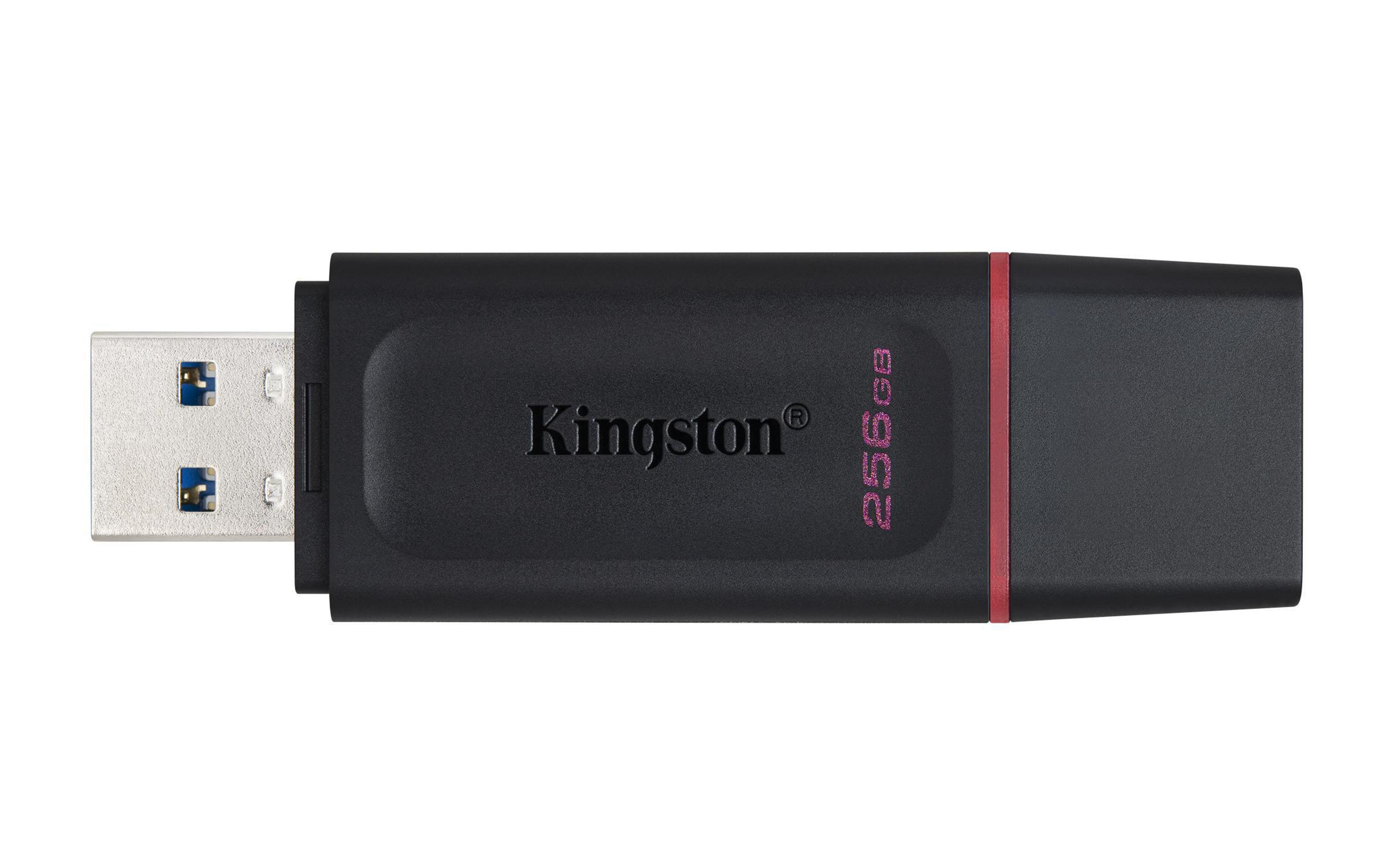 Czarny pendrive Kingston 256GB z czerwonymi akcentami, widoczny konektor USB.