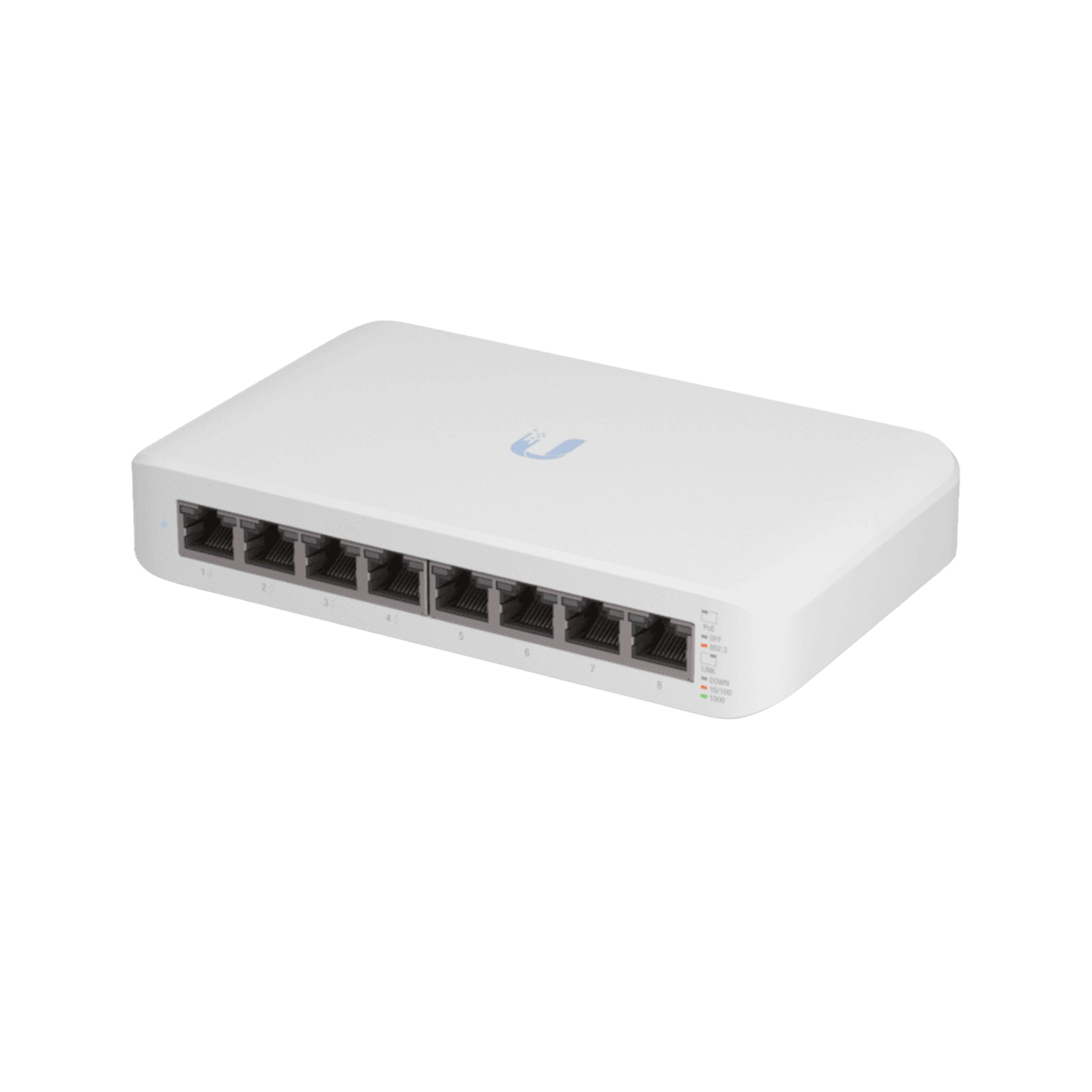 Biały router z portami sieciowymi. Ciemne tło.