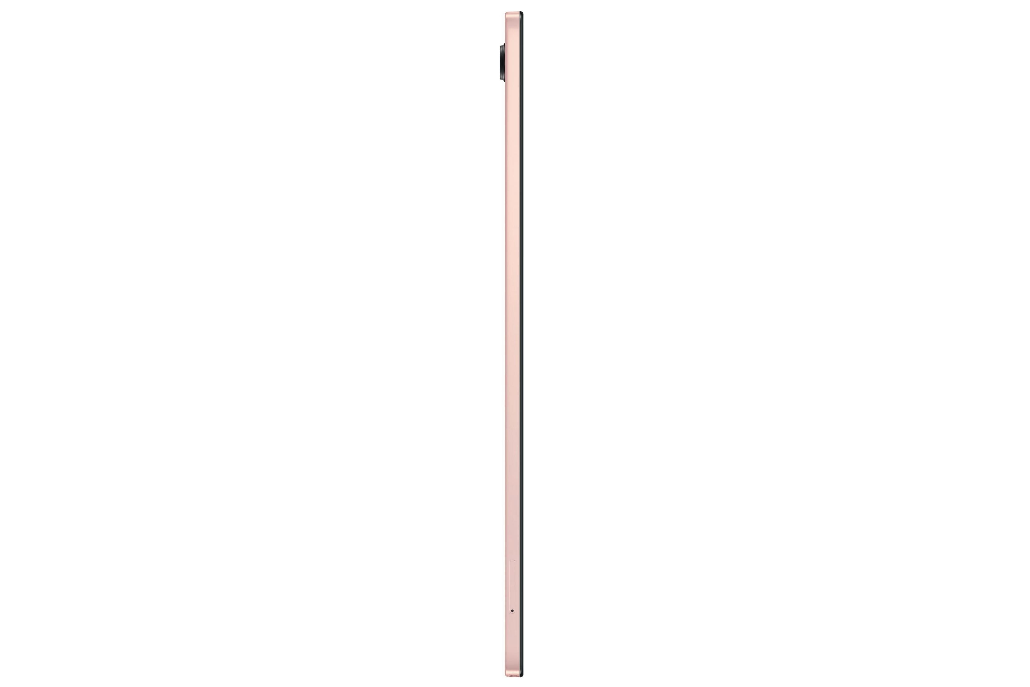 Ein rosa Tablet, von der Seite gesehen, auf schwarzem Hintergrund. Das Gerät ist dünn.