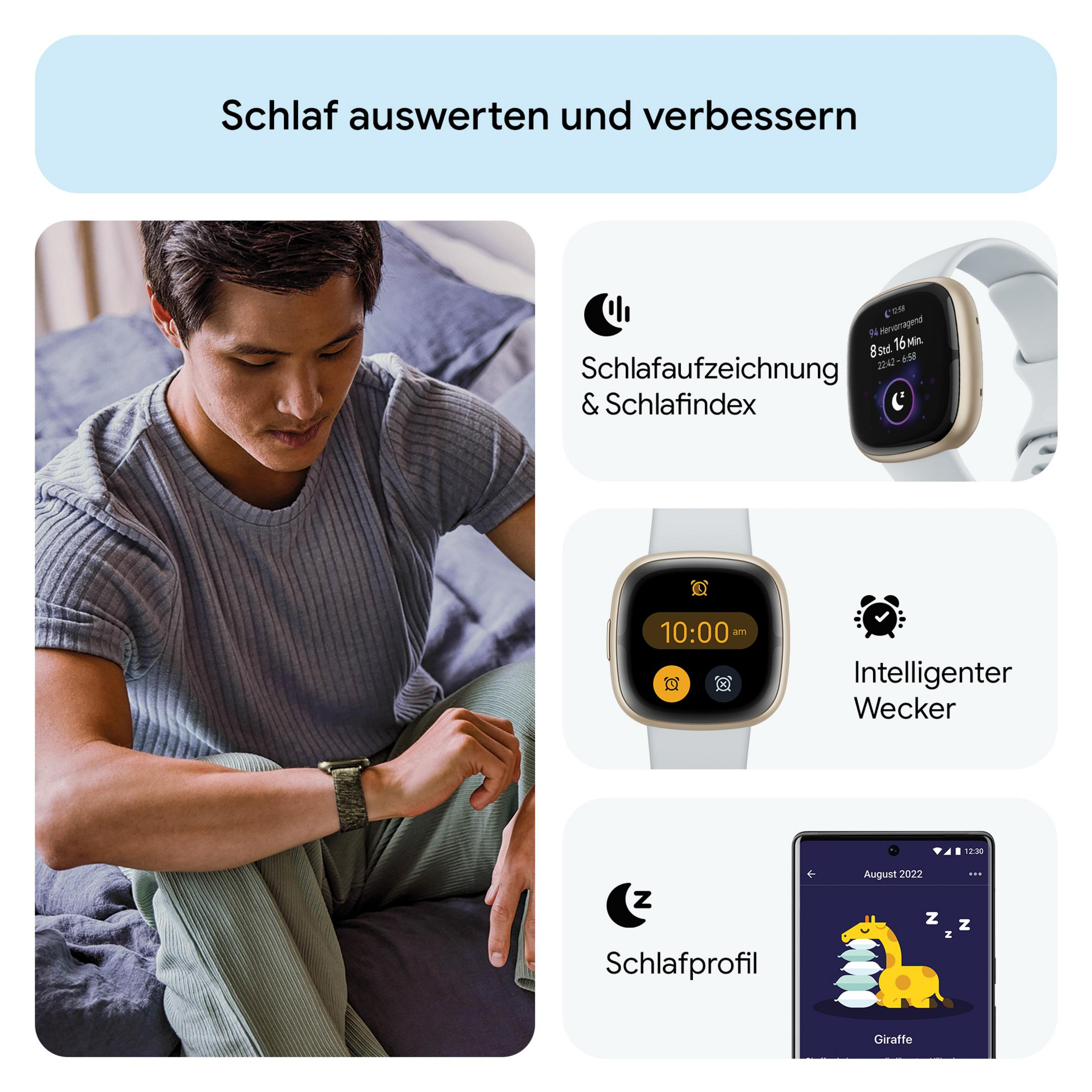 Grafika pokazująca funkcje śledzenia snu na smartwatchu i telefonie. Mężczyzna w tle.