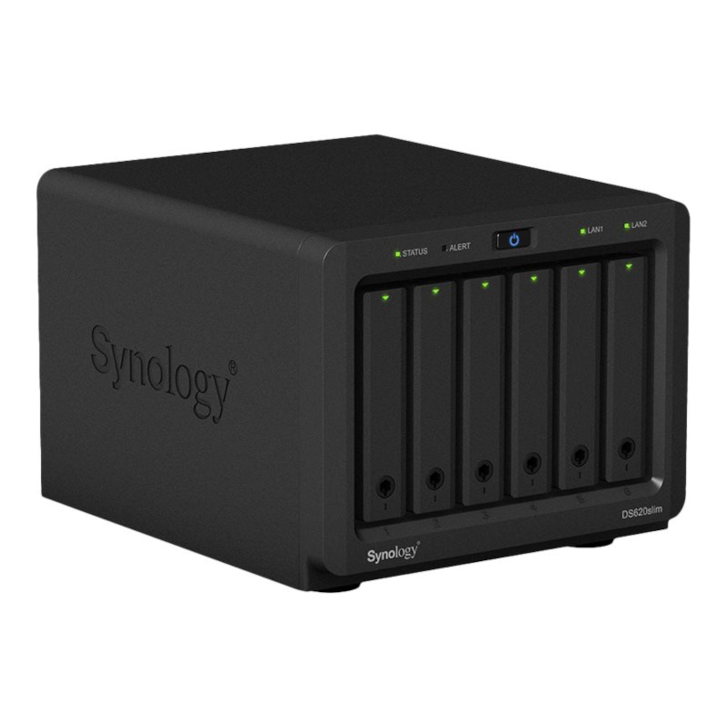 Czarny serwer NAS Synology z 5 zatokami na dyski. Widoczne logo Synology. Na białym tle.