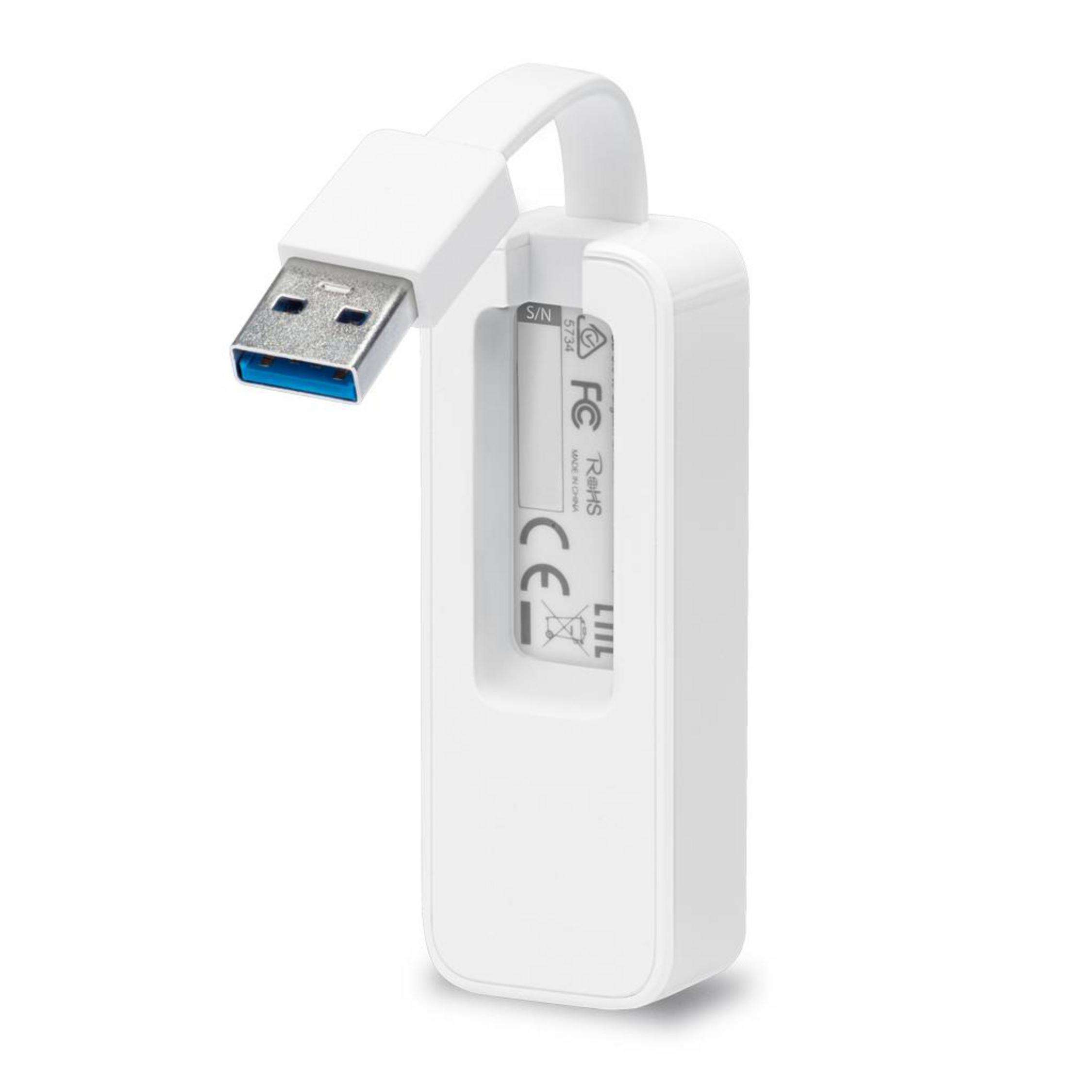 White network adapter with a USB connector, rear view.
