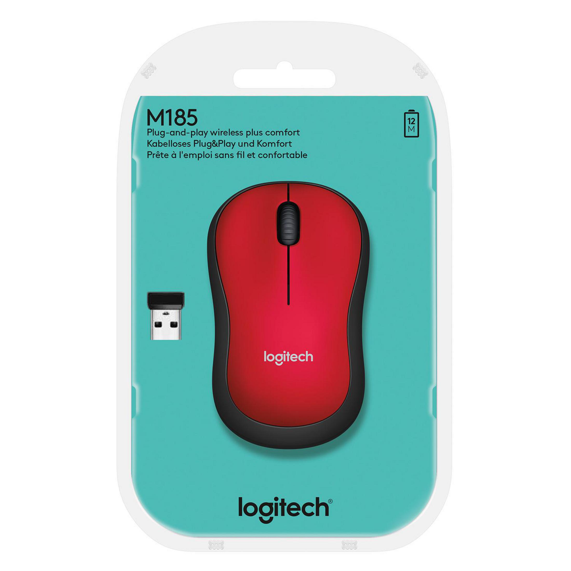 Czerwona mysz bezprzewodowa w przezroczystym plastikowym opakowaniu. Widoczne jest logo Logitech.