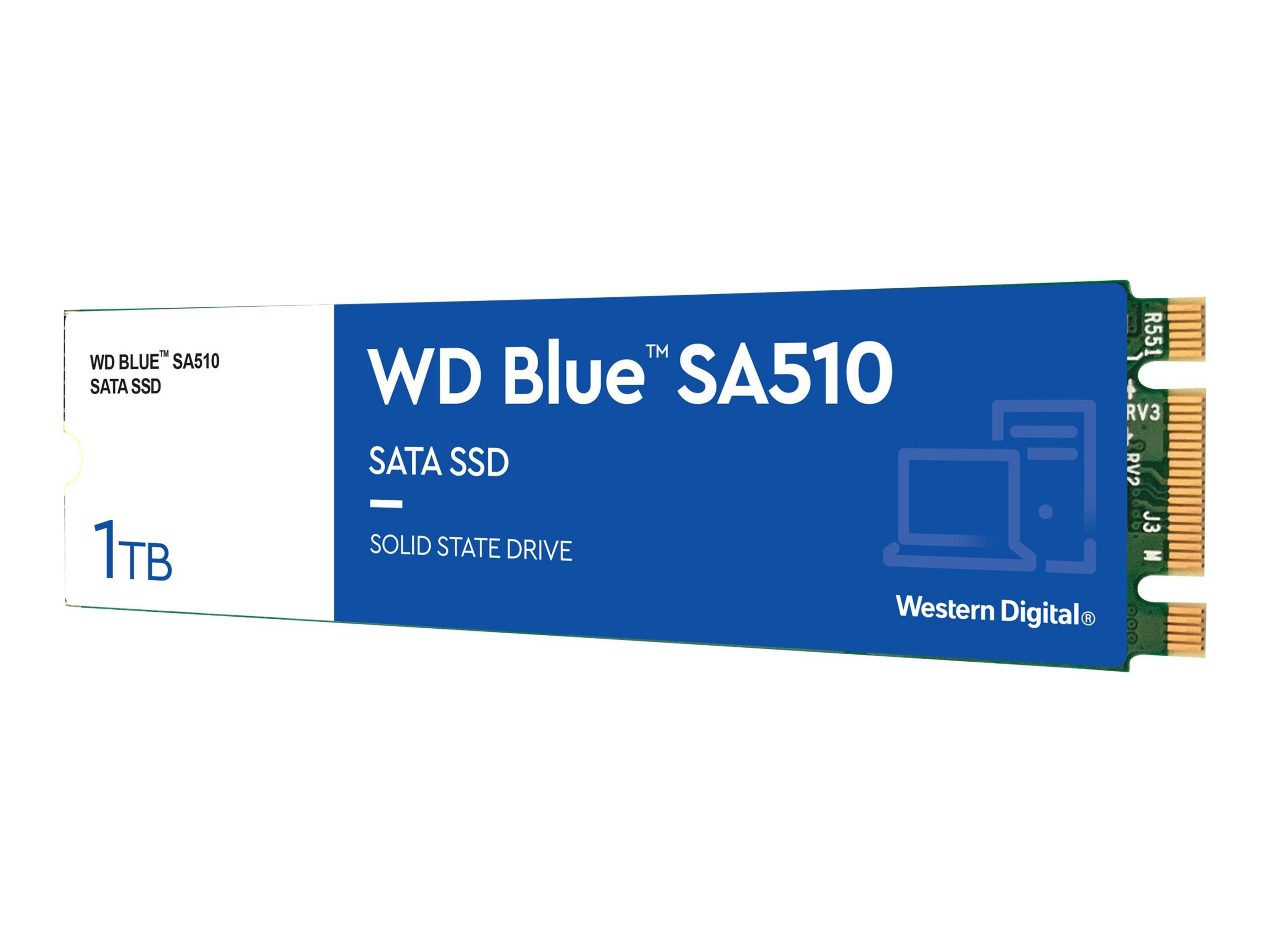 Niebiesko-biały WD Blue SA510 SATA SSD, z tekstem i ikoną komputera.