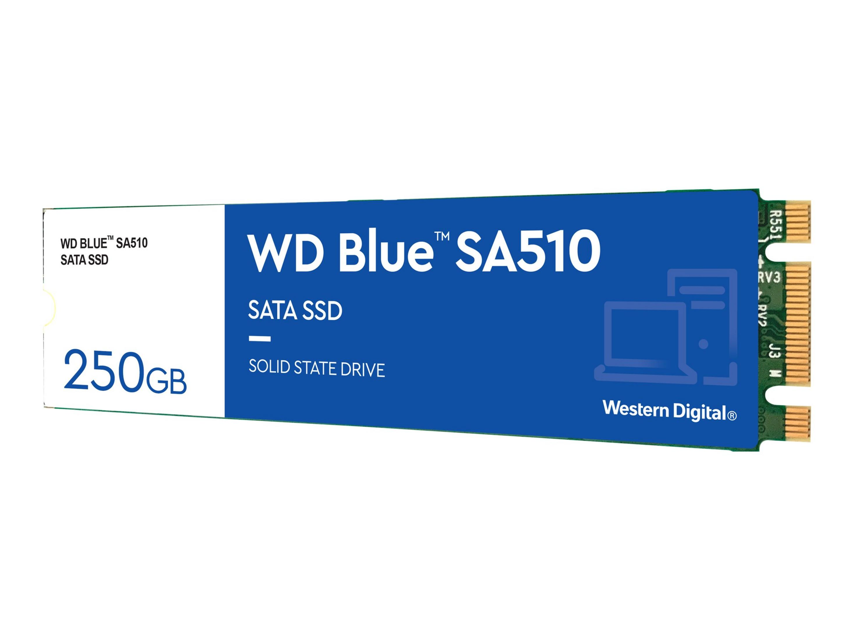Niebiesko-biały dysk SSD SATA WD Blue SA510 na białym tle.