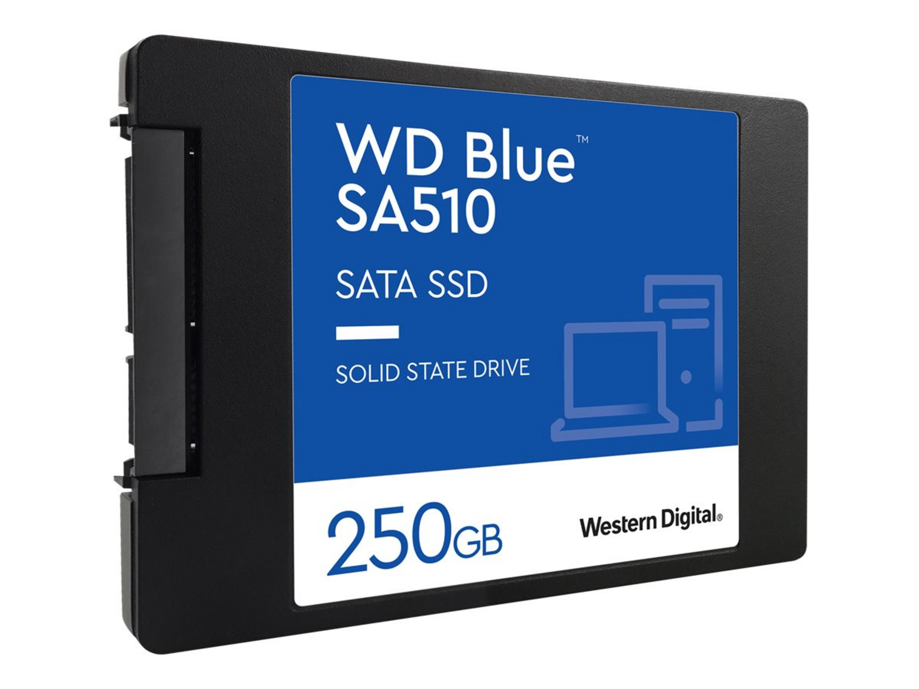 Czarny dysk SSD z etykietą 'WD Blue SA510 SATA SSD 250GB'. Białe tło.