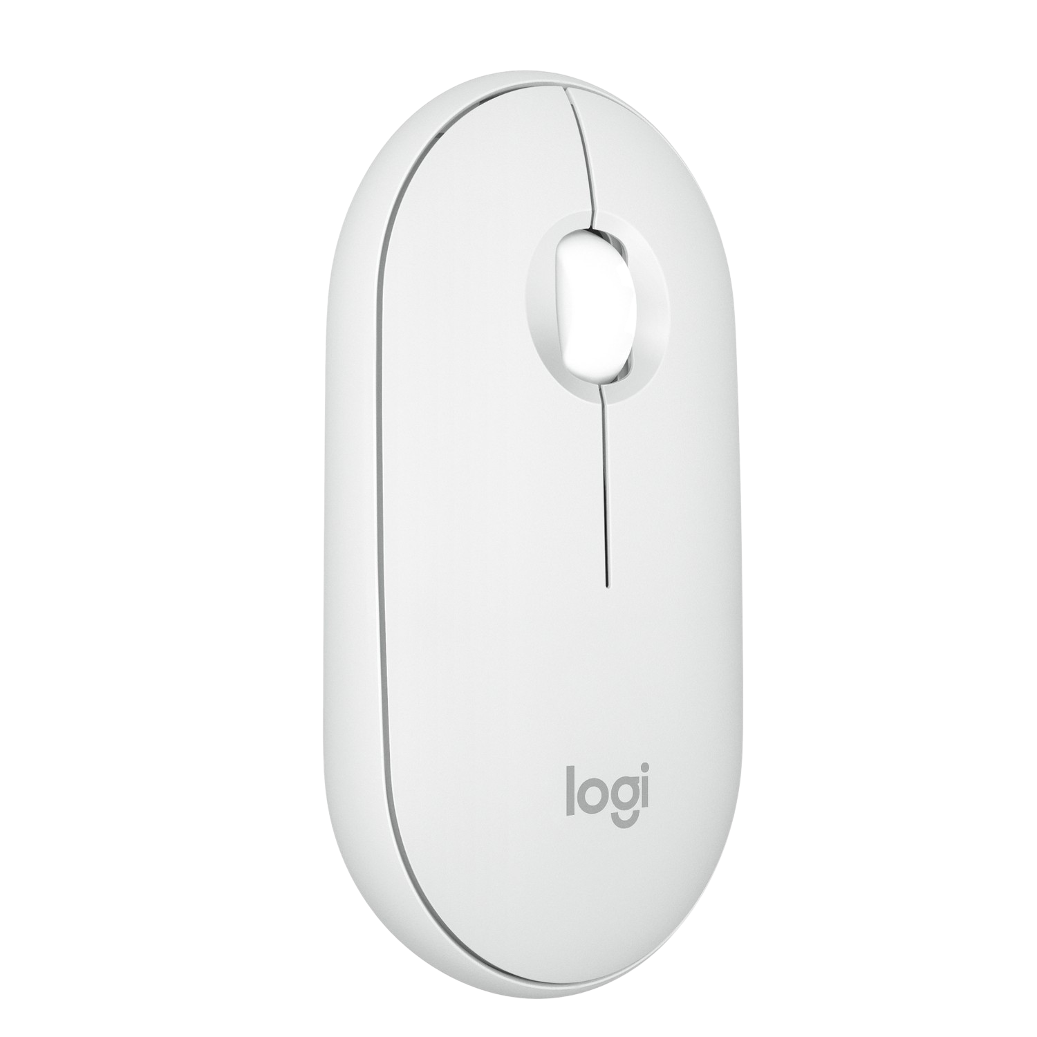 Un mouse Logitech Pebble bianco con rotella argentata e logo Logitech su sfondo nero.