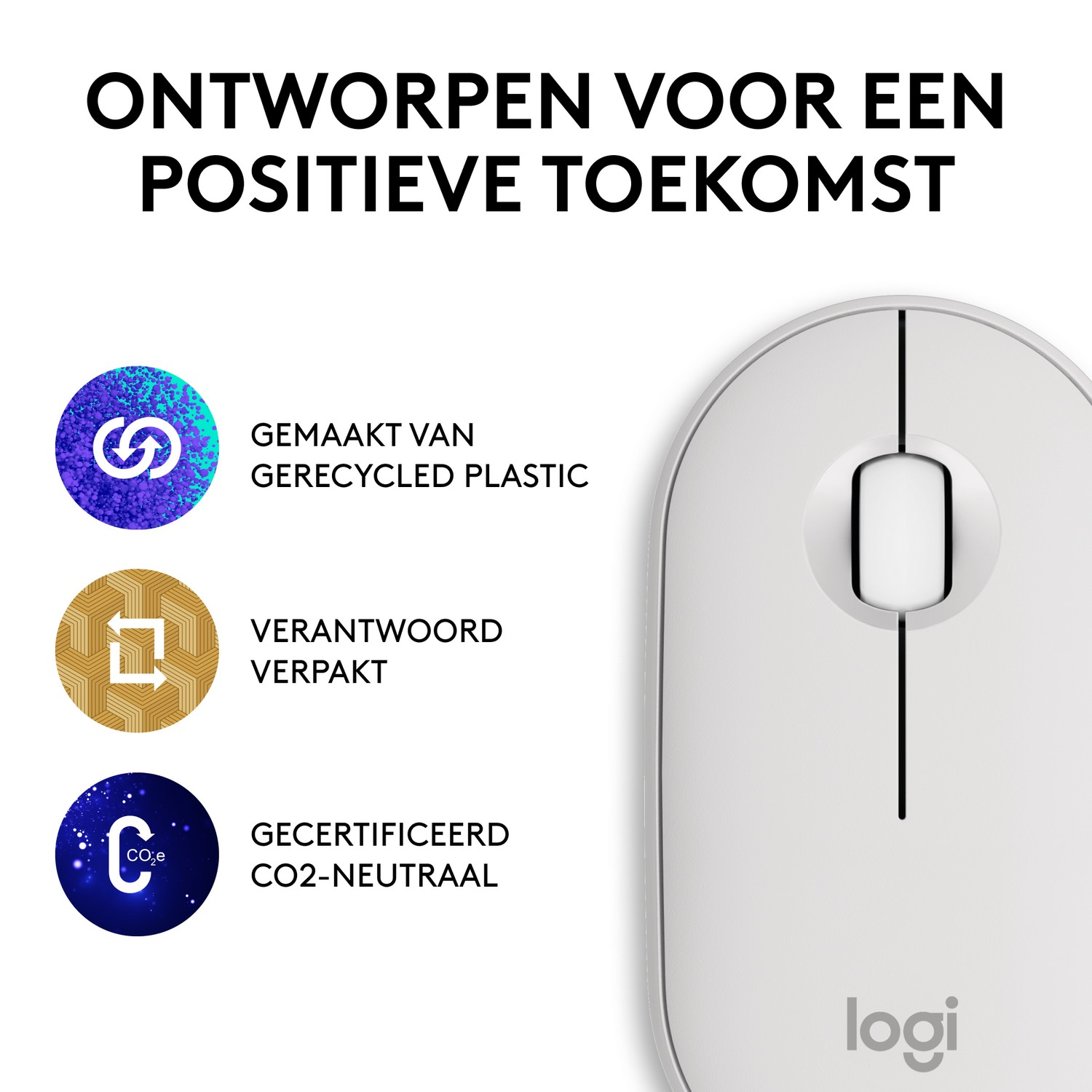 Mouse bianco con logo e testo su plastica riciclata, imballaggio responsabile e neutralità CO2.