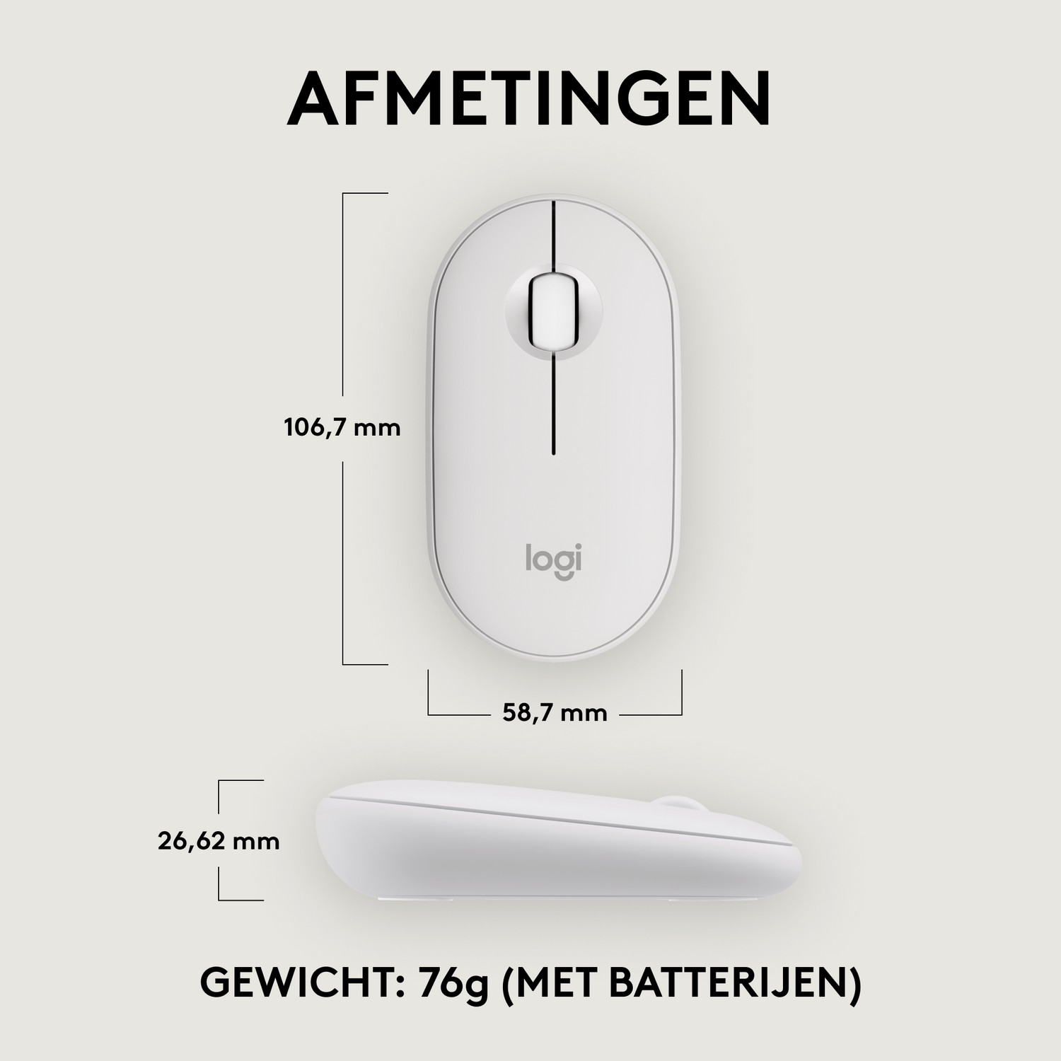 Mouse bianco con dimensioni scritte sopra. Il mouse è su uno sfondo bianco.