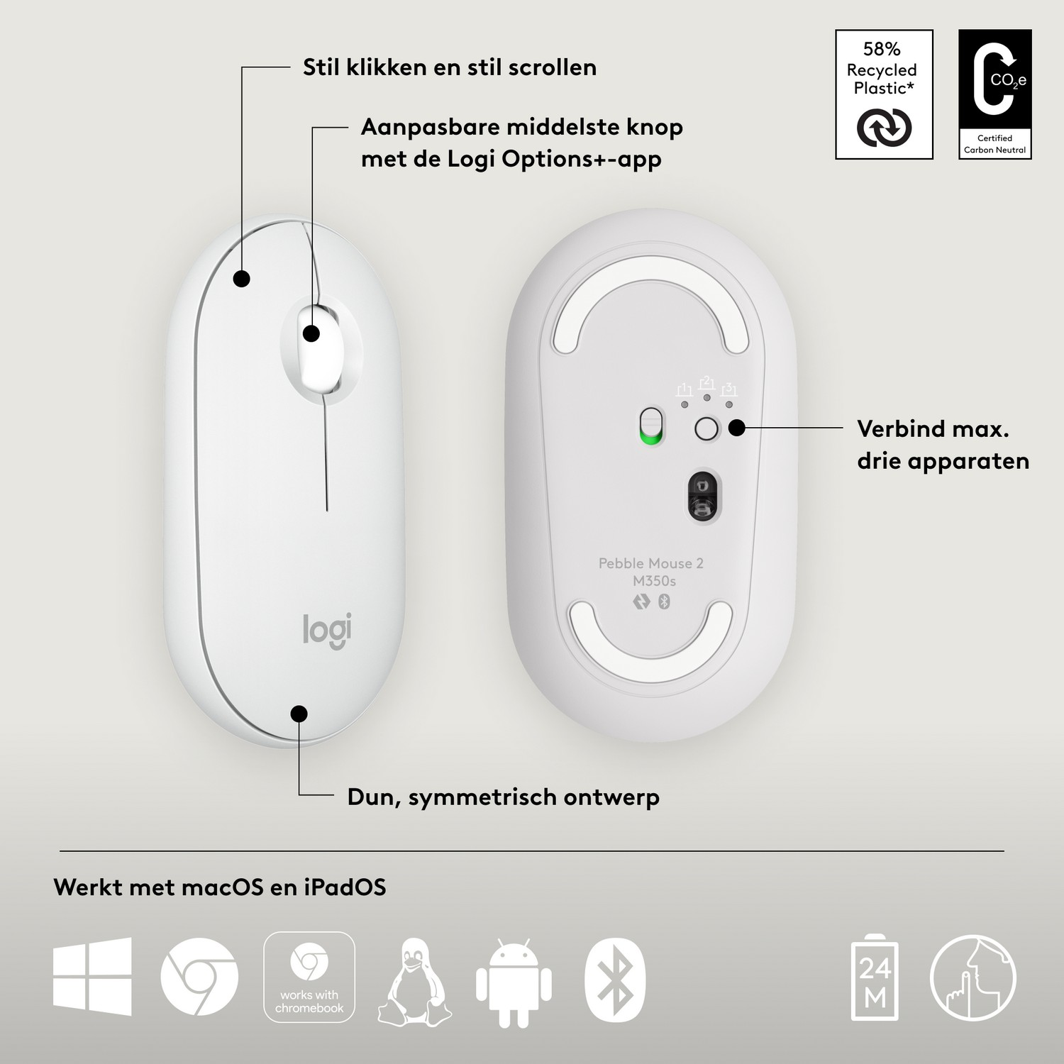 Mouse wireless bianco dal design minimalista. Sotto il logo, sopra i pulsanti.