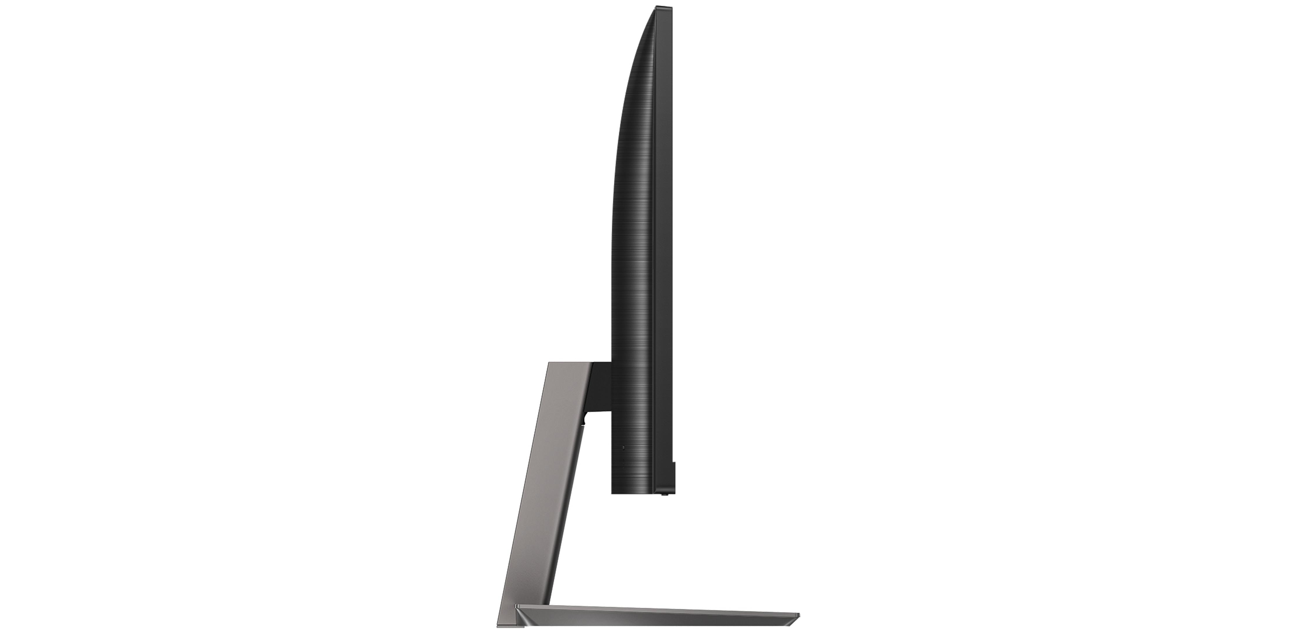 Vista laterale di un monitor per computer con schermo scuro e supporto argentato.