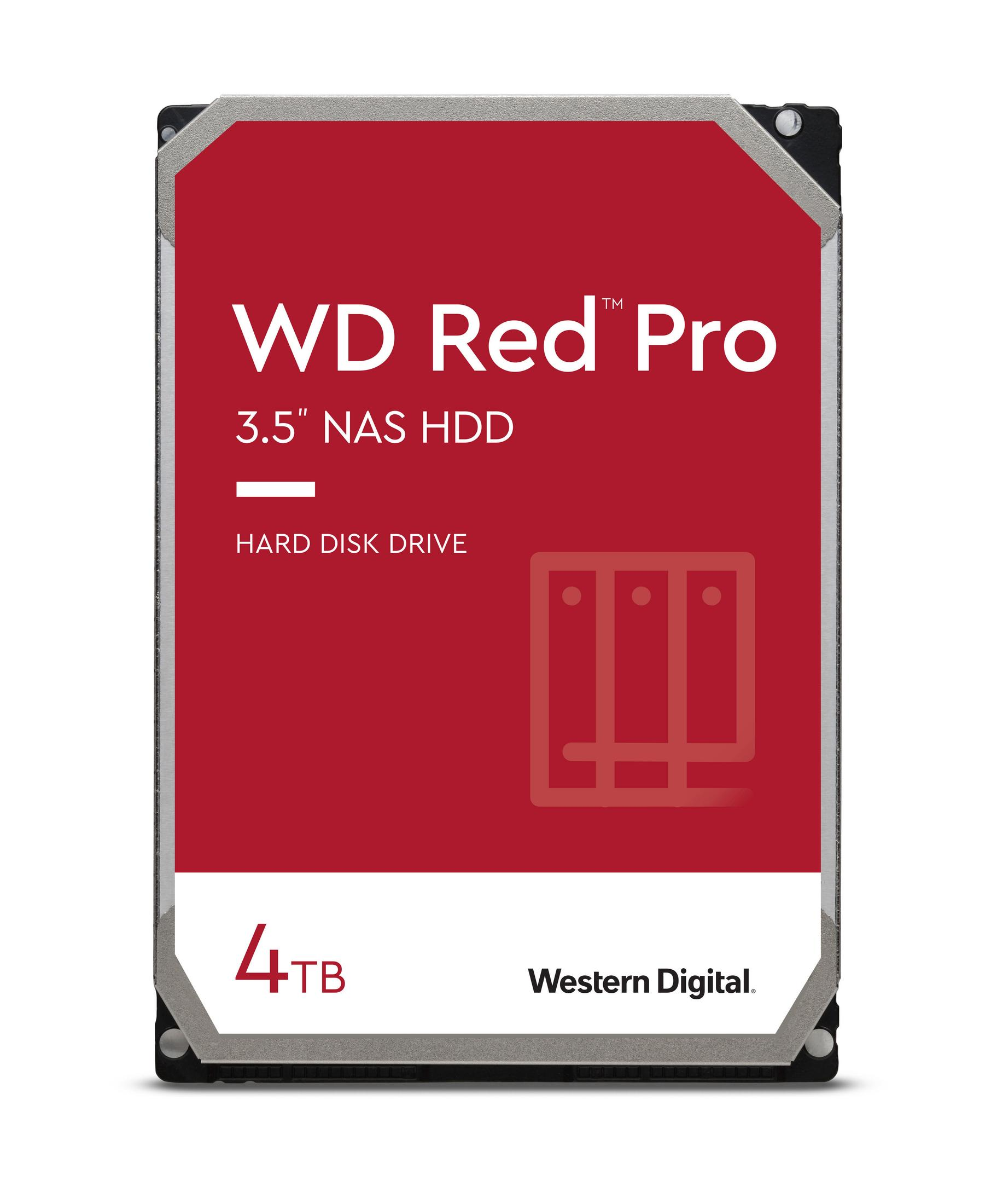 Disco rigido WD Red Pro da 4 TB in una scatola rossa e bianca, con il logo WD.