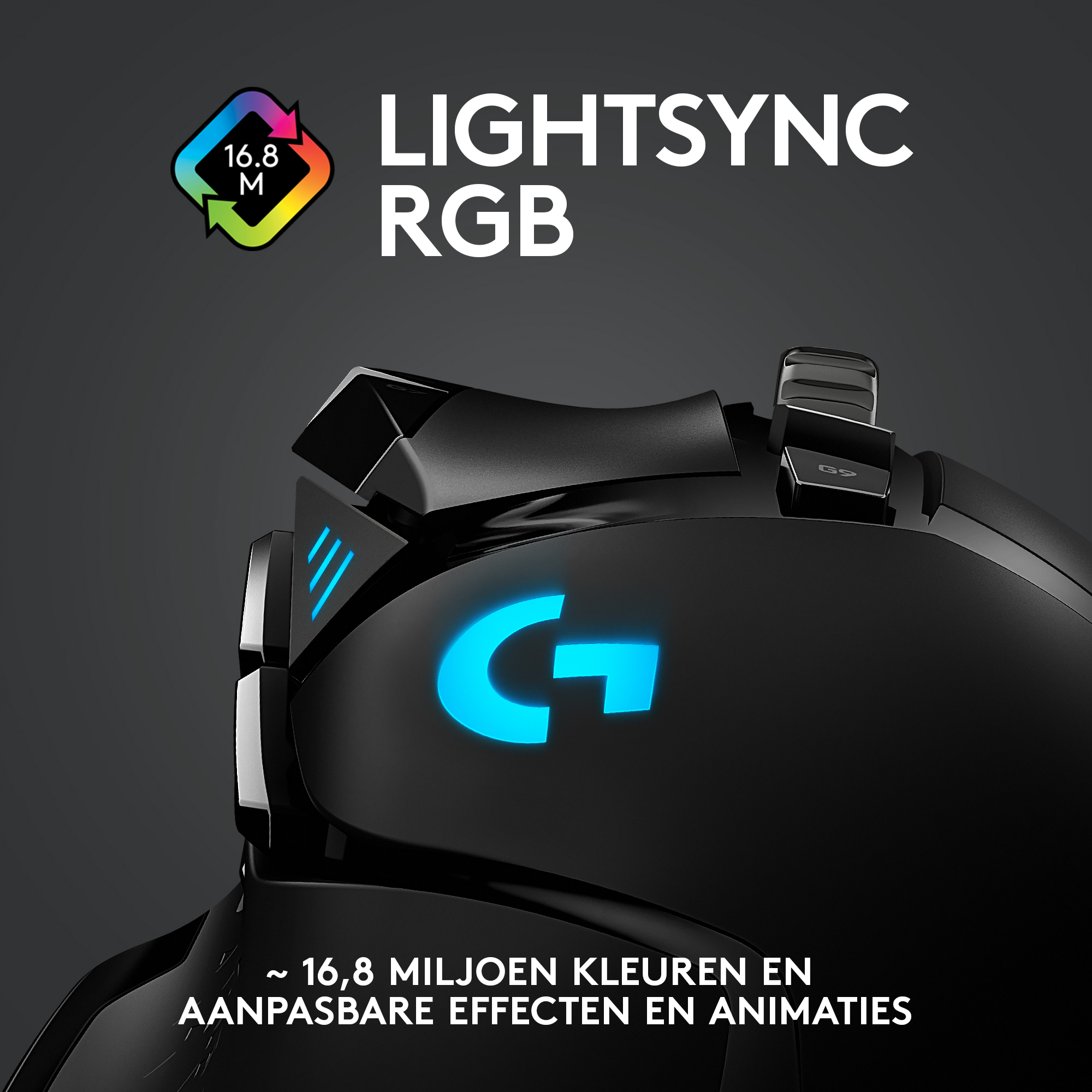 Czarna mysz gamingowa z podświetlanym na niebiesko logo 'G' i tekstem 'LIGHTSYNC RGB'.