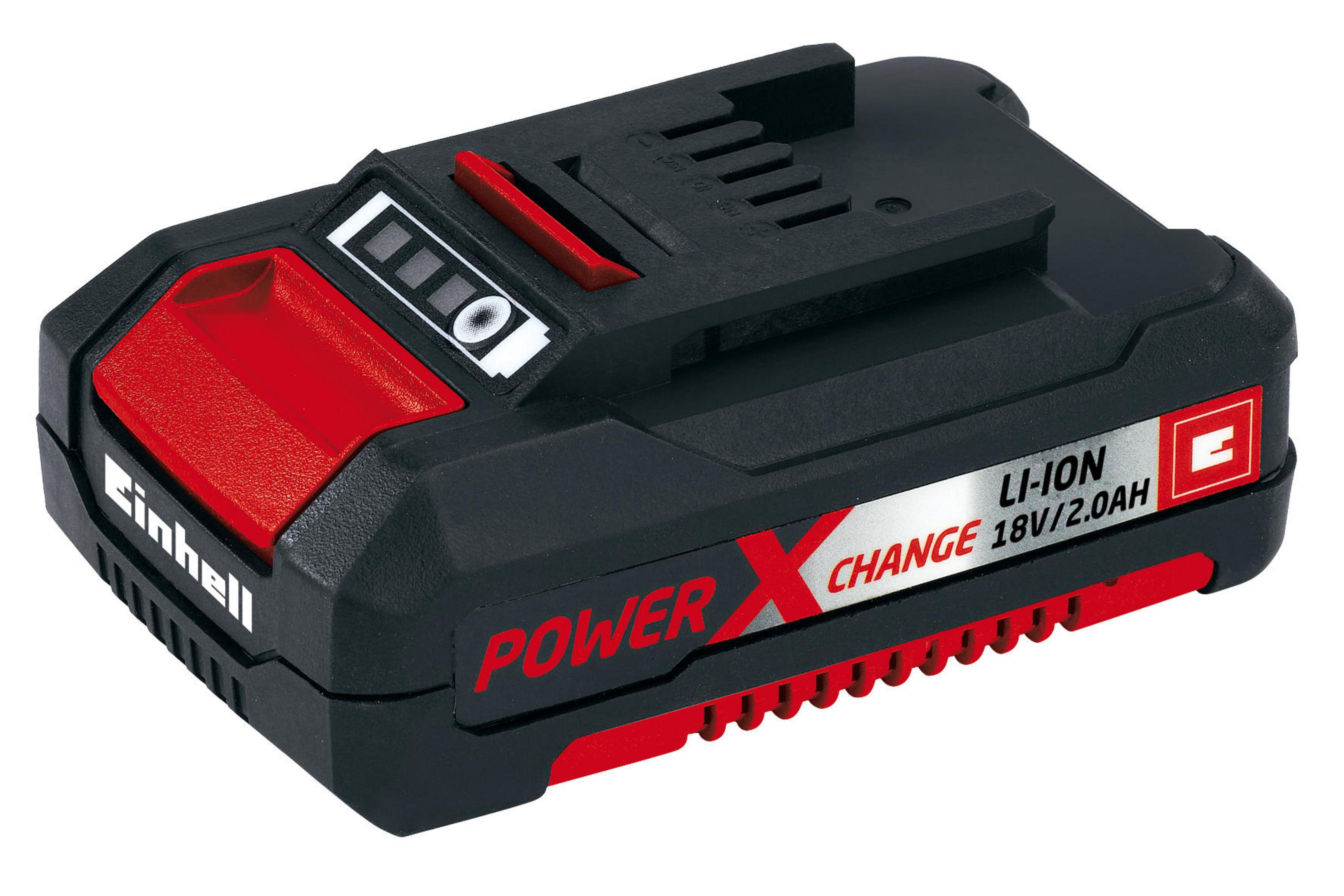 Ein schwarzer und roter Einhell Power X-Change 18V/2.0Ah Li-Ion Akku. Zeigt Ladezustandsanzeigen.