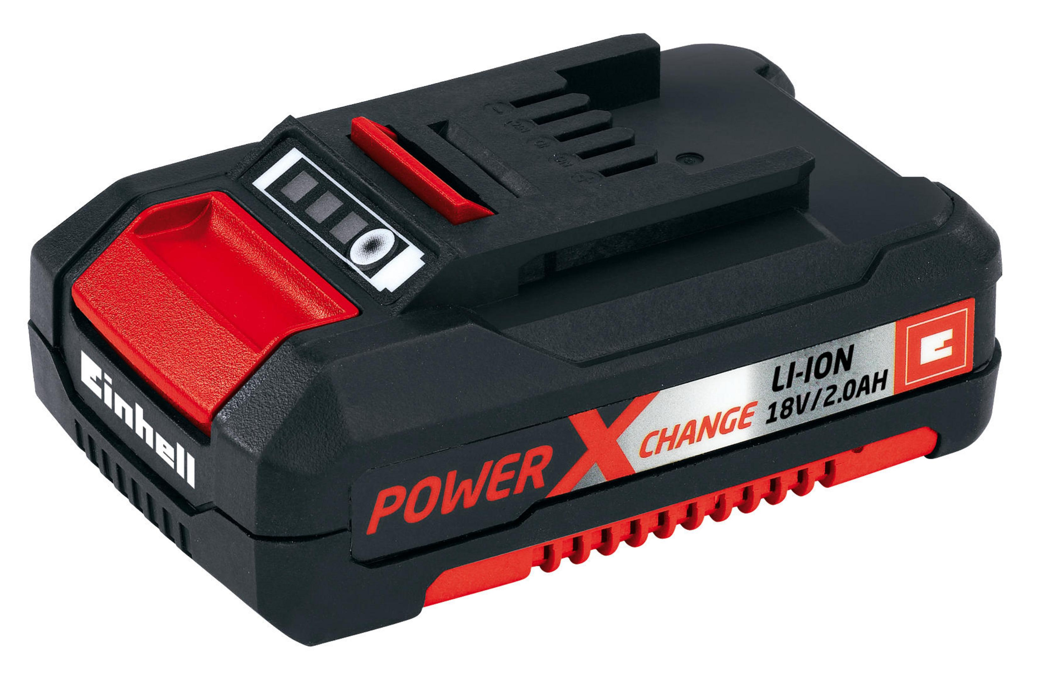 Schwarzer und roter Einhell Power X-Change Akku. Weißer Hintergrund.