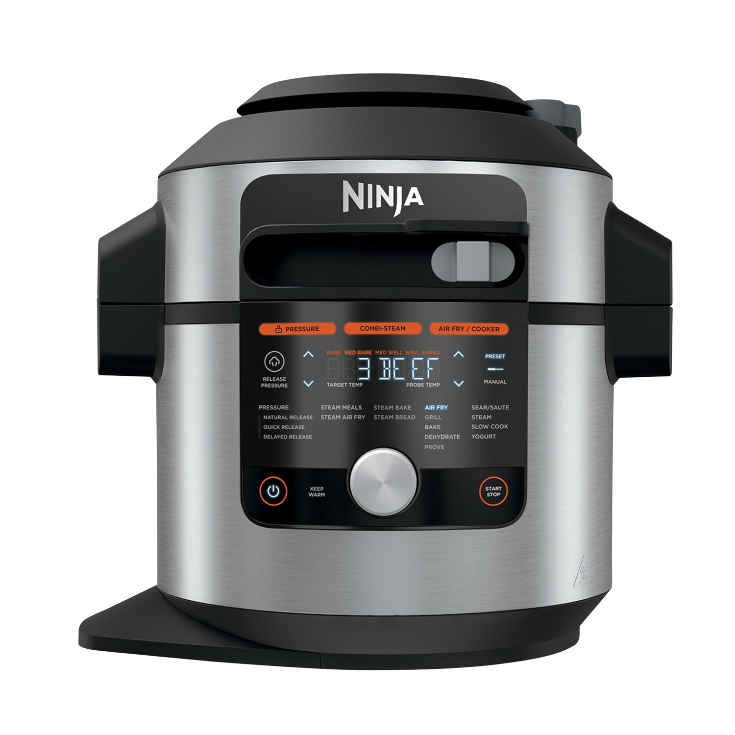 Een zilveren en zwarte Ninja Foodi multi-cooker met een digitaal display en diverse functieknoppen, zwart deksel.