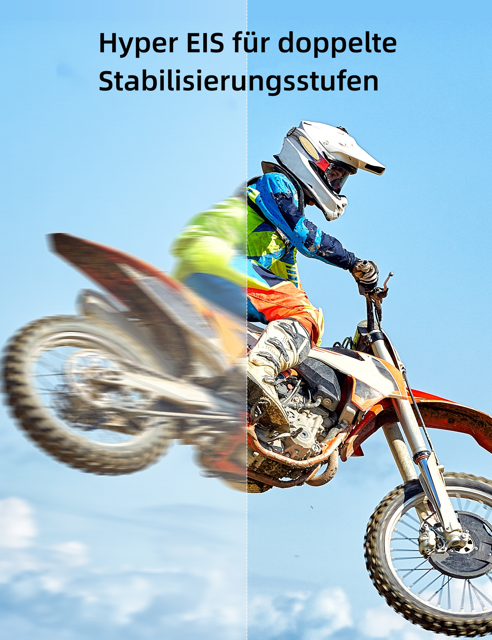 Motorradrennfahrer in der Luft mit Bewegungsunschärfe auf der linken Seite, blauer Himmel.
