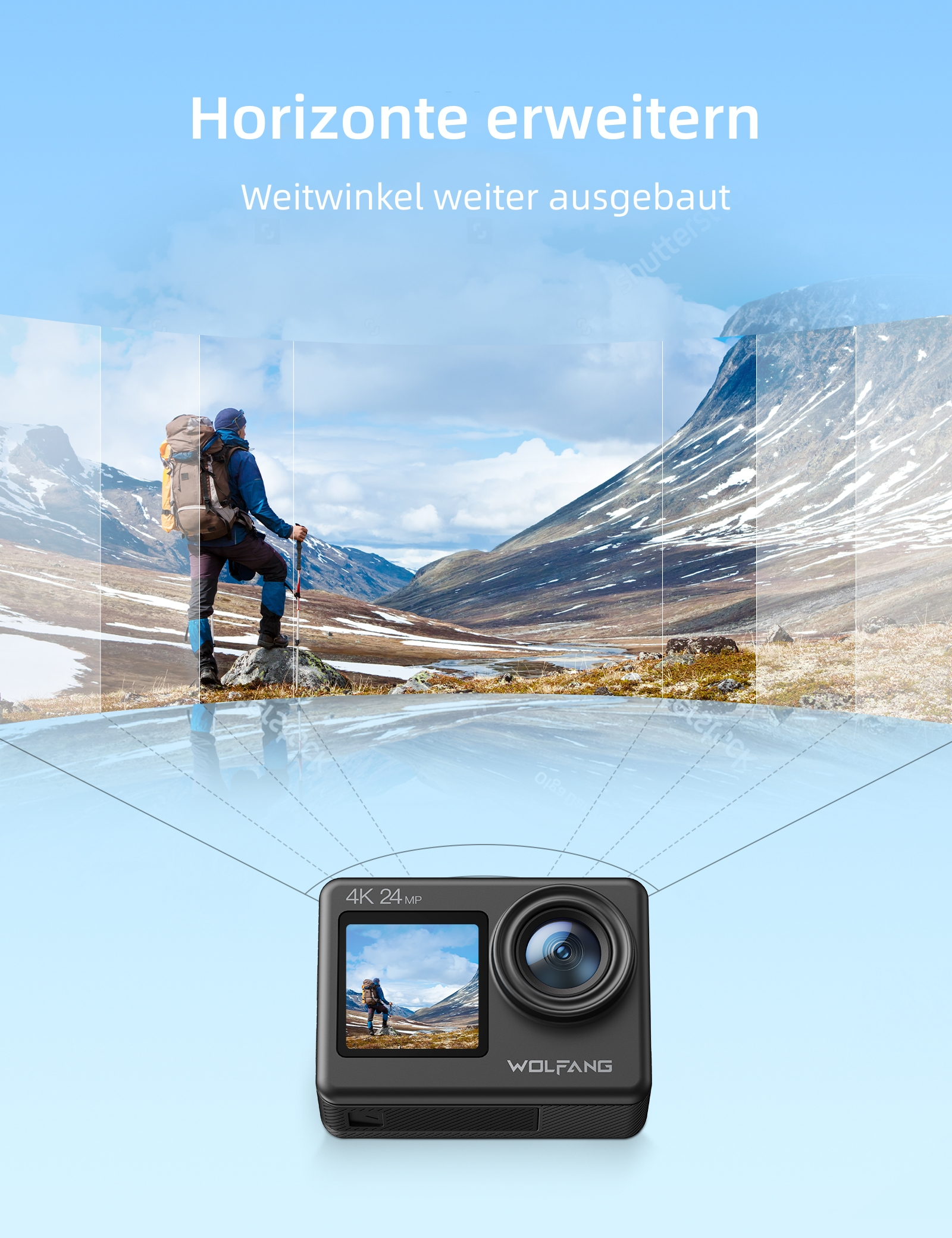 Action-Kamera mit malerischer Kulisse aus Bergen und einem See. Text: Horizonte erweitern.