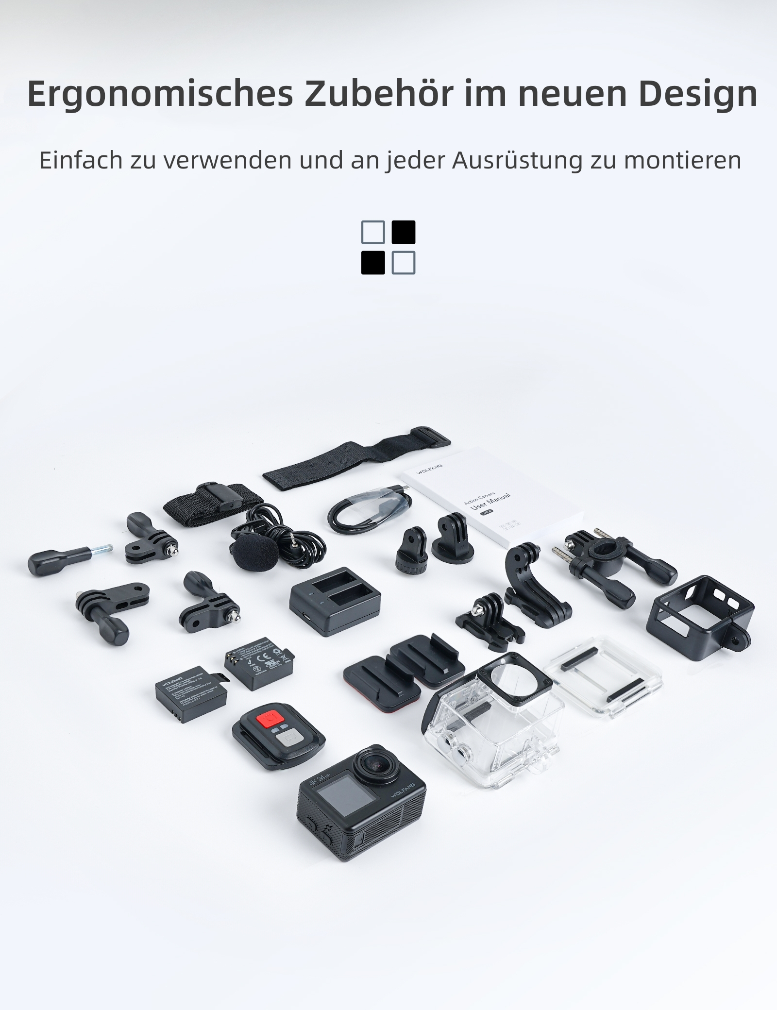 Eine Sammlung von Action-Kamera-Zubehör, einschließlich einer Kamera und Gehäusen, auf einer weißen Oberfläche.