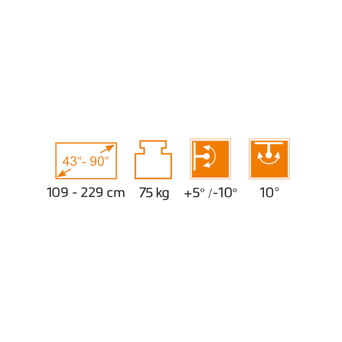 Symbole mit Abmessungen und Spezifikationen für einen Fernseher. Enthält Größe, Gewicht und Neigung. Der Hintergrund ist weiß.