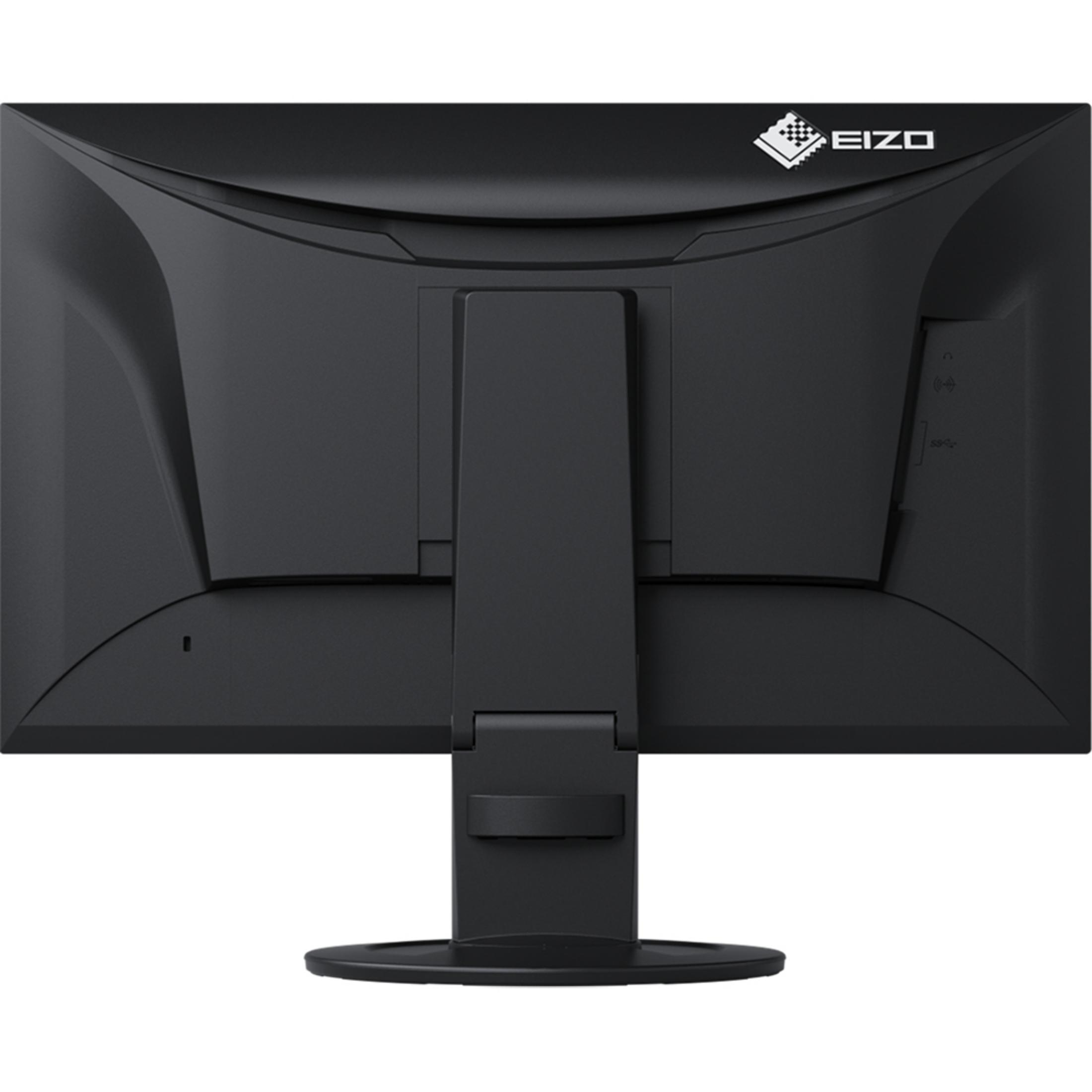 Un monitor de computadora negro con un soporte. El logotipo de Eizo es visible.