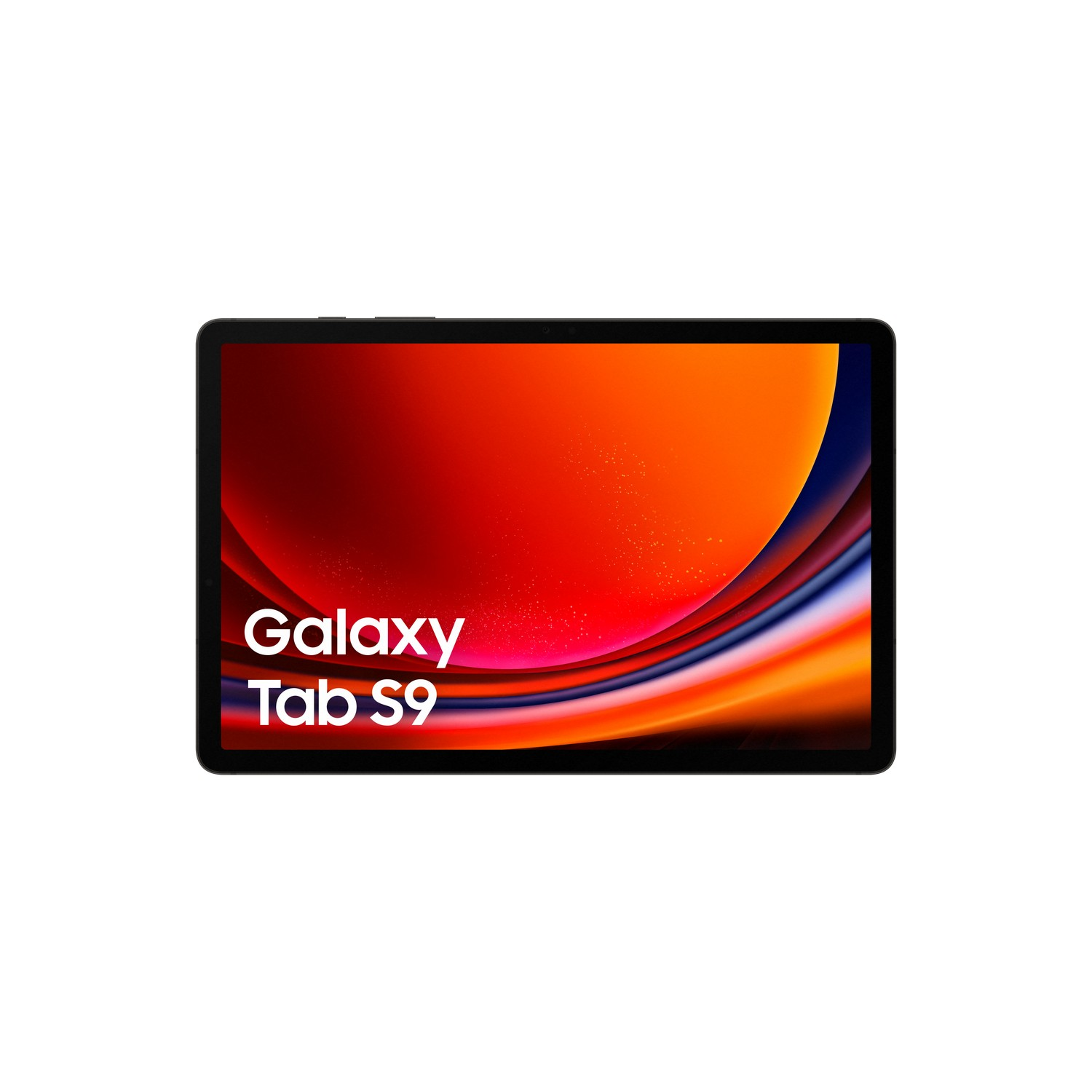 Czarny tablet z napisem "Galaxy Tab S9" na ekranie, z pomarańczowo-czerwonym tłem gradientowym.