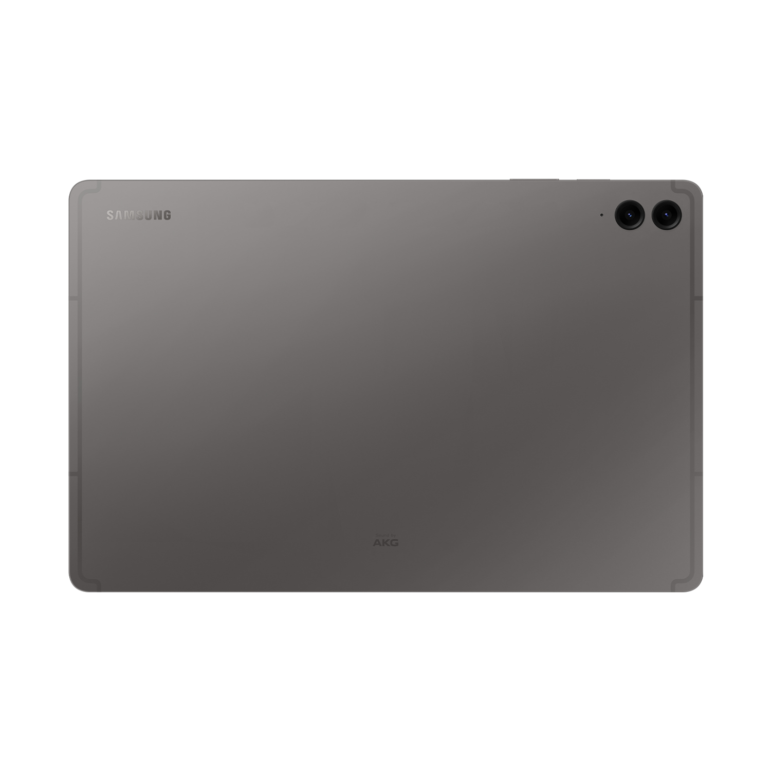 Rückansicht eines grauen Tablets mit Samsung Logo und zwei Kameralinsen.