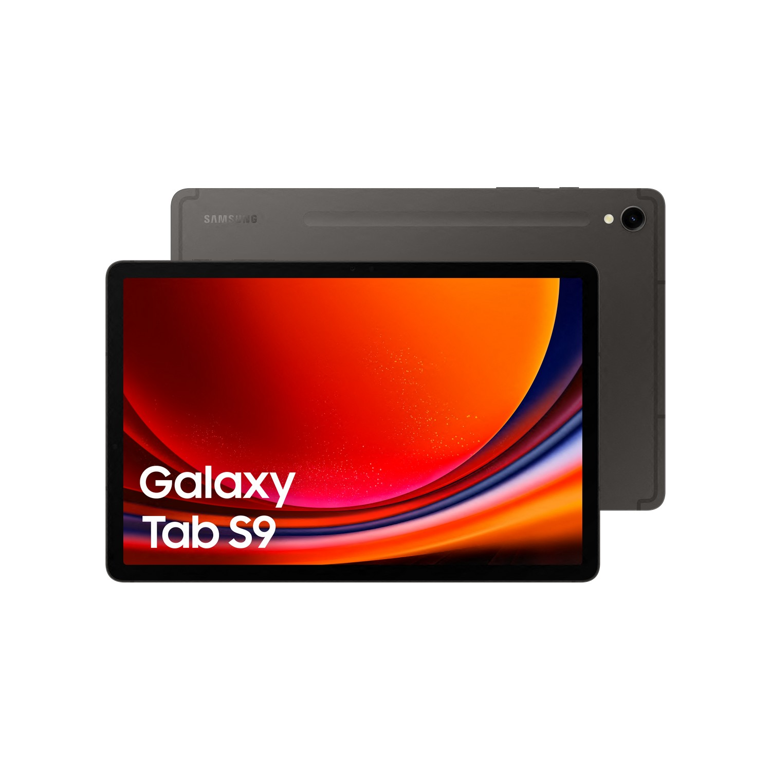 Ein graues Samsung Galaxy Tab S9 mit einem leuchtenden rot-orangenen Bildschirm.