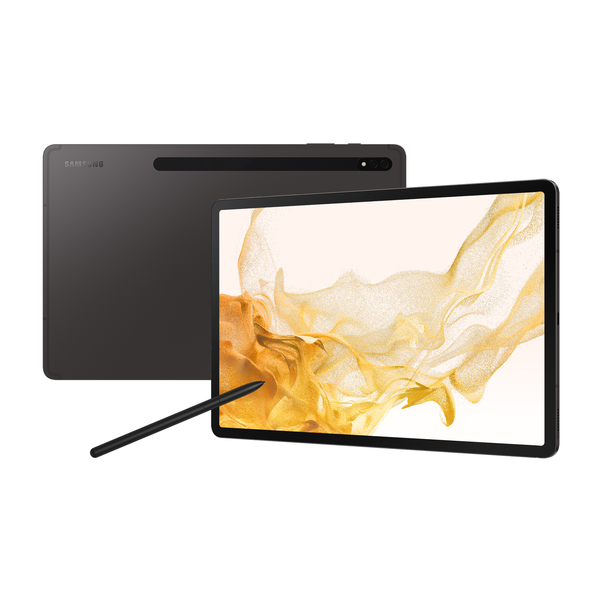 Tablet con stilo. Vista posteriore e anteriore. Oro e nero.