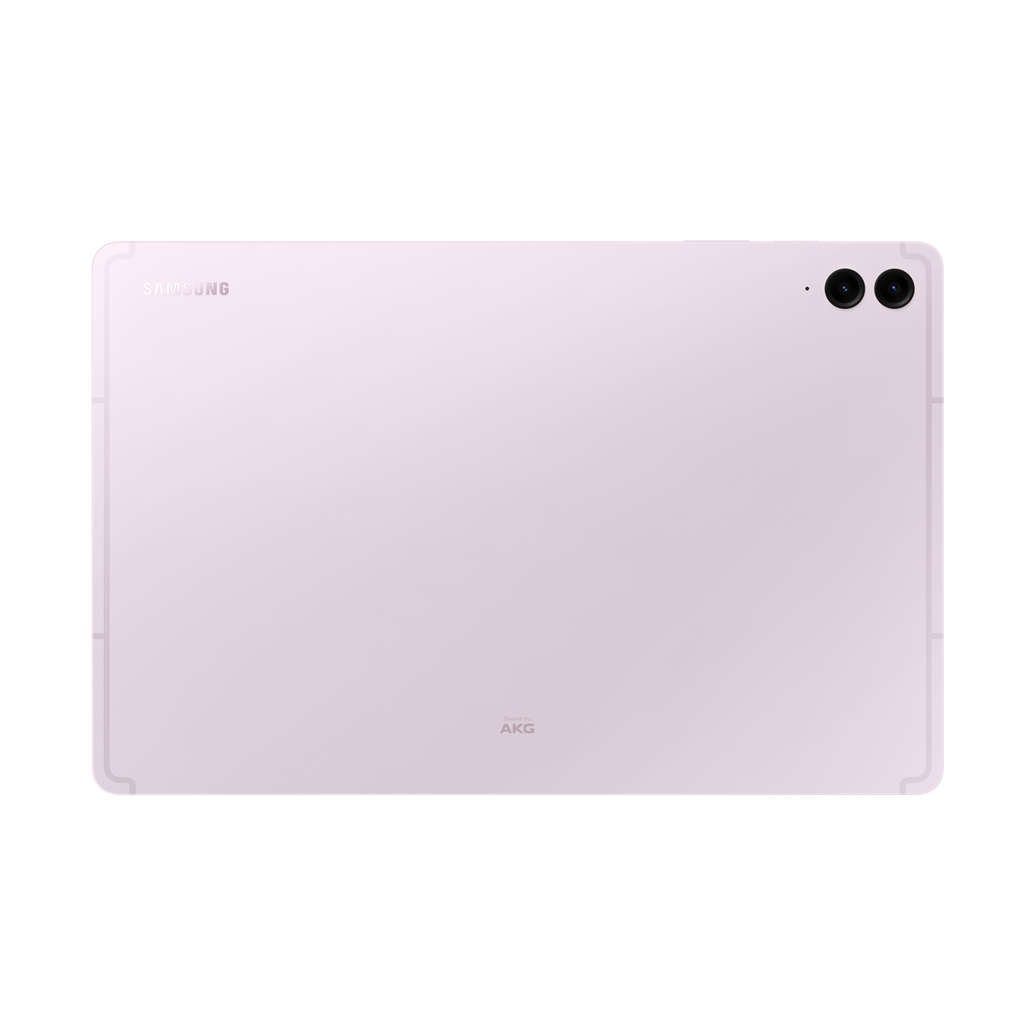 Tablet back, light purple, Samsung branding, camera lenses.