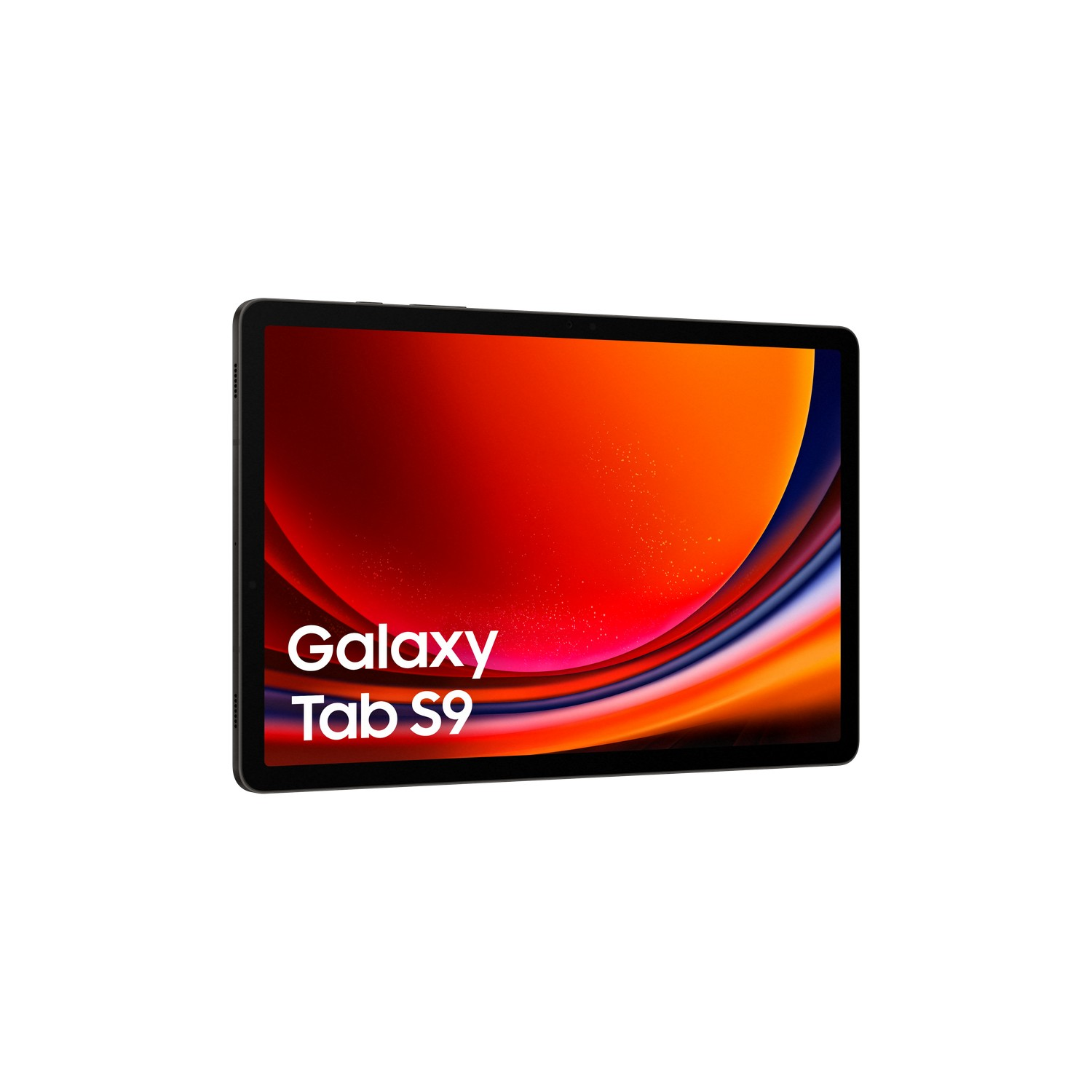 Czarny tablet z pomarańczowo-niebieskim wyświetlaczem, pokazujący logo Galaxy Tab S9.