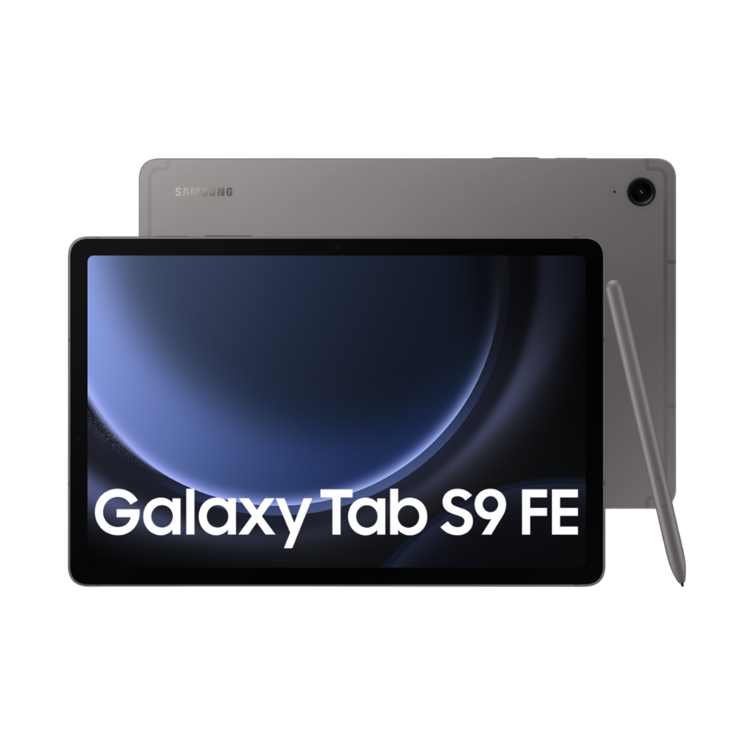 Samsung Galaxy Tab S9 FE Tablet mit Stift. Tablet ist grau, mit dem Text Galaxy Tab S9 FE.