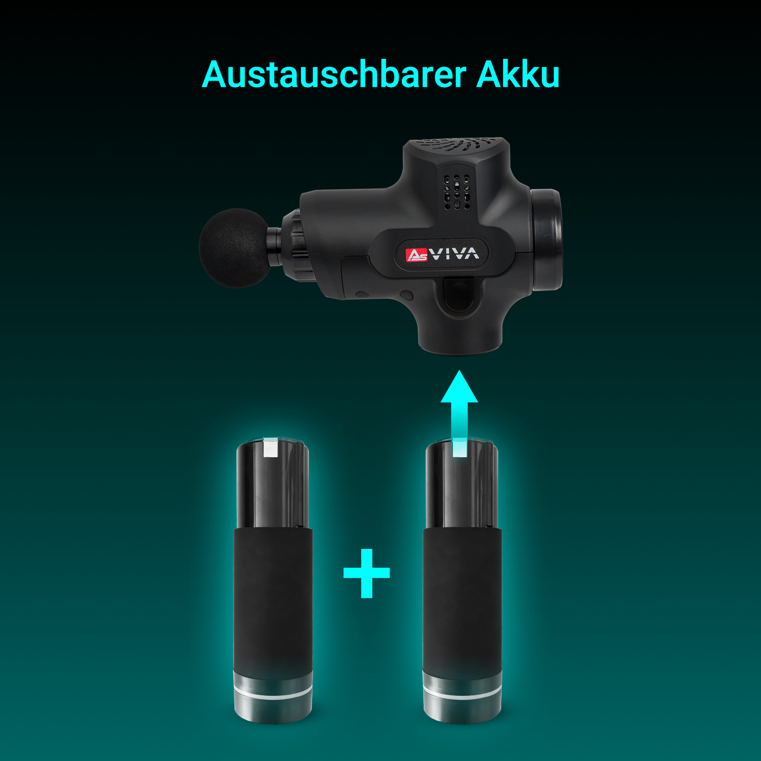 Das Bild zeigt eine schwarze Massagepistole mit austauschbaren Akkus und einem blau-grünen Hintergrund.